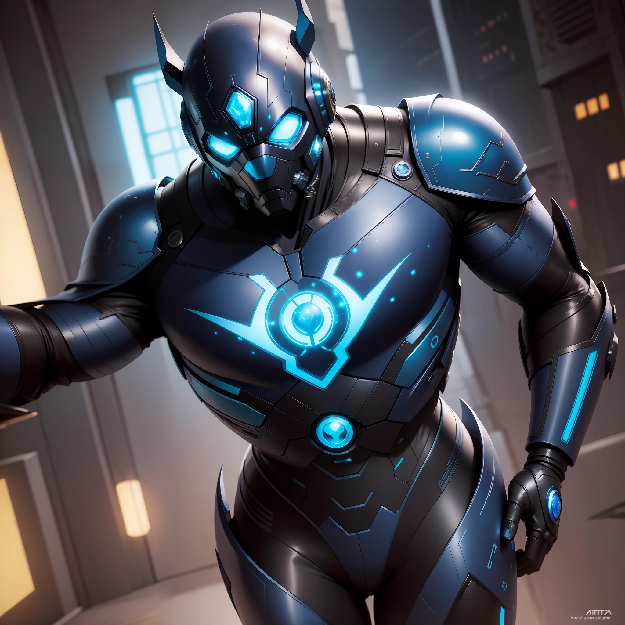 Arte realista, pele real, fantasia sombria, Cyberpunk, DC Mechanics, Hero Blue Beetle, :1.1, cybernetic guardian, robotic presence, 1 pessoa, Characteristics of the villain