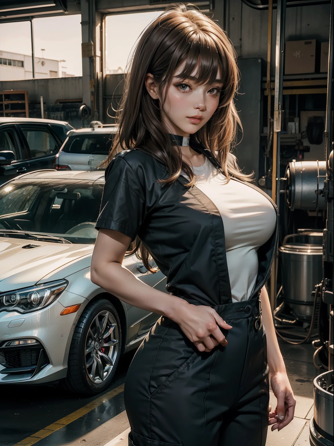 masuter piece, best qualtiy, ((realisitic)), ((1 person)), 8K picture quality, extremely delicate and beautiful, magnifica, Official art with attention to detail, Ridiculous, unbelievable Ridiculous, huge filesize, ultra-detailliert, ighly detailed, (kawaii girl), (More girls), (Korean beauty), light brown hair, ((Perfect female figure)), large full breasts, Slim waist, big butts ,((car mechanic)), ((Short sleeve mechanic suit)), With bangs, Feminine look, (ssmile), Car repair shop