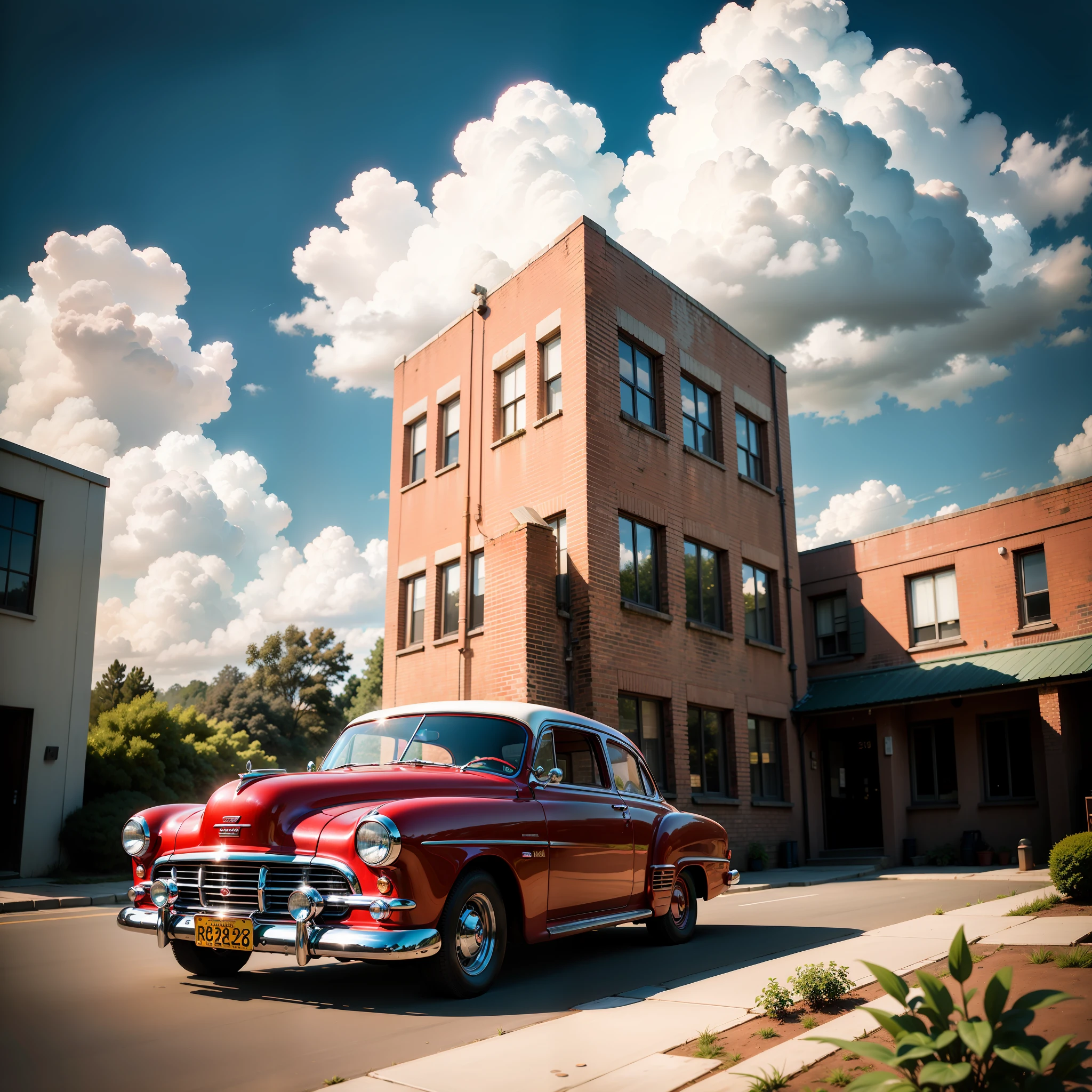1950s style, retro Crimson car Isuzu,(nature, red brick buildings history modern art, amazing unreal background), clouds on sky,(natural colors, correct white balance, color correction, dehaze,clarity),(bokeh:1.3), RAW photo, full sharp, wallpapper 8k uhd, dslr, soft lighting, high quality, film grain, Fujifilm XT3,vivid colours