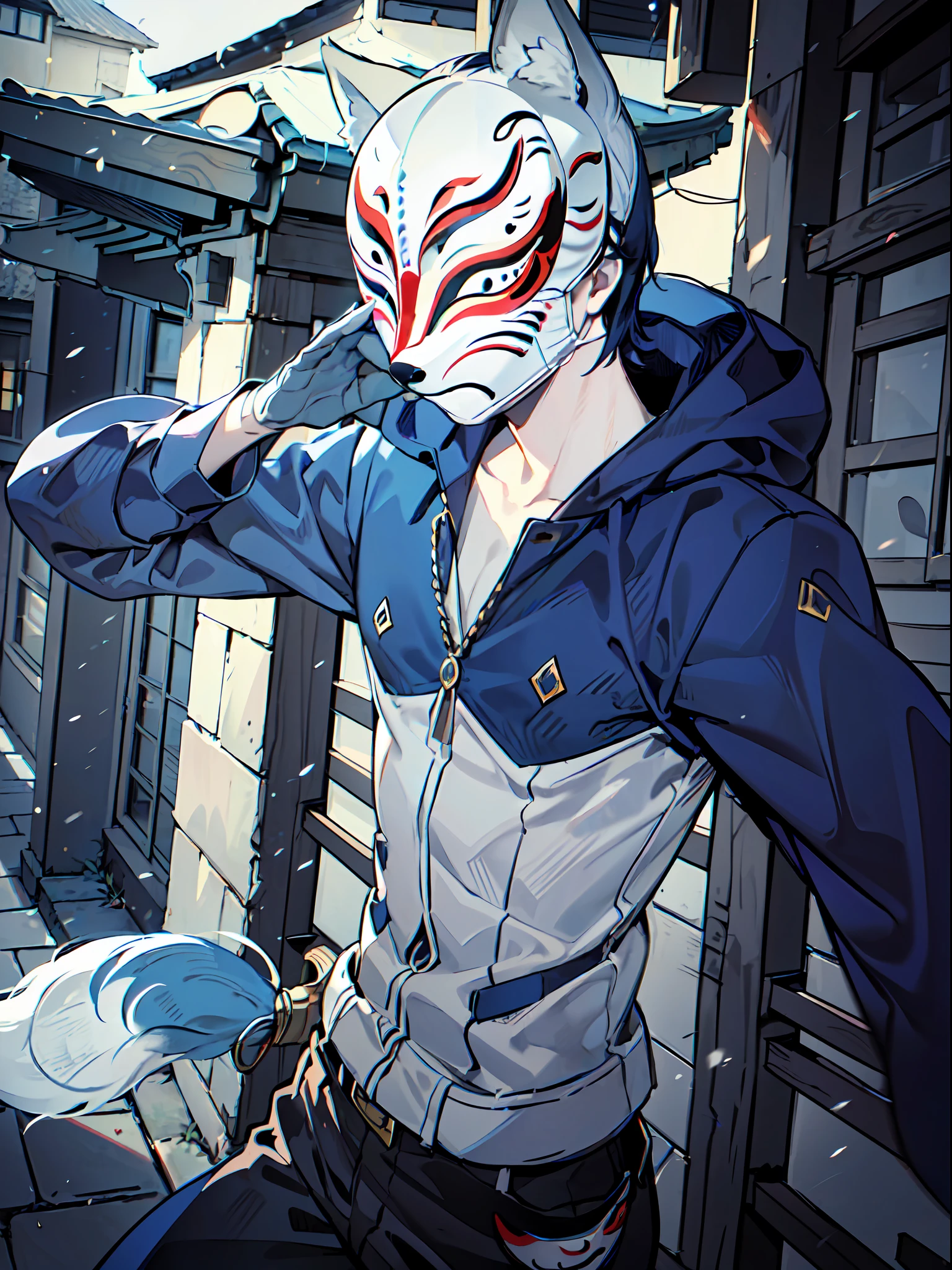 ((masterpiece)), ((pale skin)), (8k:1.2), ((male)), (dynamic pose:1.3), dynamic angle, (dark blue hair:1.2), (fox mask:1.4), costume, (exterior:1.4), katana, graceful, (short hair:1.1), (eyes through mask:1.4), blue eyes, ((bold outline))