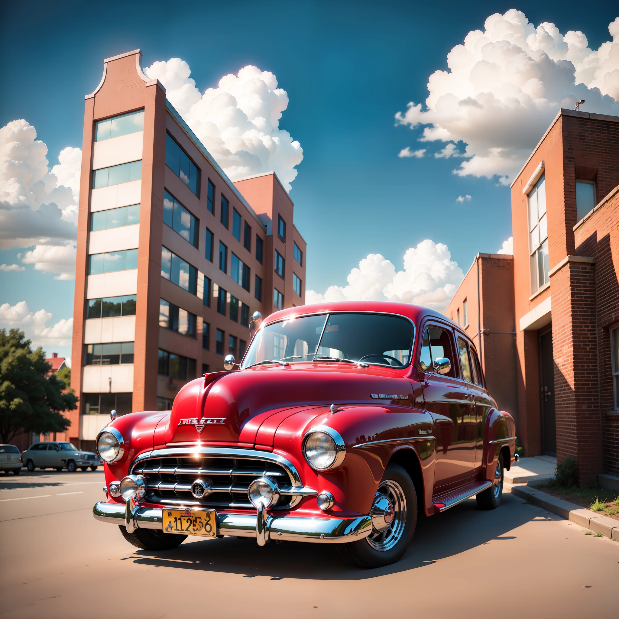1950s style, retro  Crimson car Isuzu,(nature, red brick buildings history modern art, amazing unreal background), clouds on sky,(natural colors, correct white balance, color correction, dehaze,clarity),(bokeh:1.3), RAW photo, full sharp, wallpapper 8k uhd, dslr, soft lighting, high quality, film grain, Fujifilm XT3,vivid colours