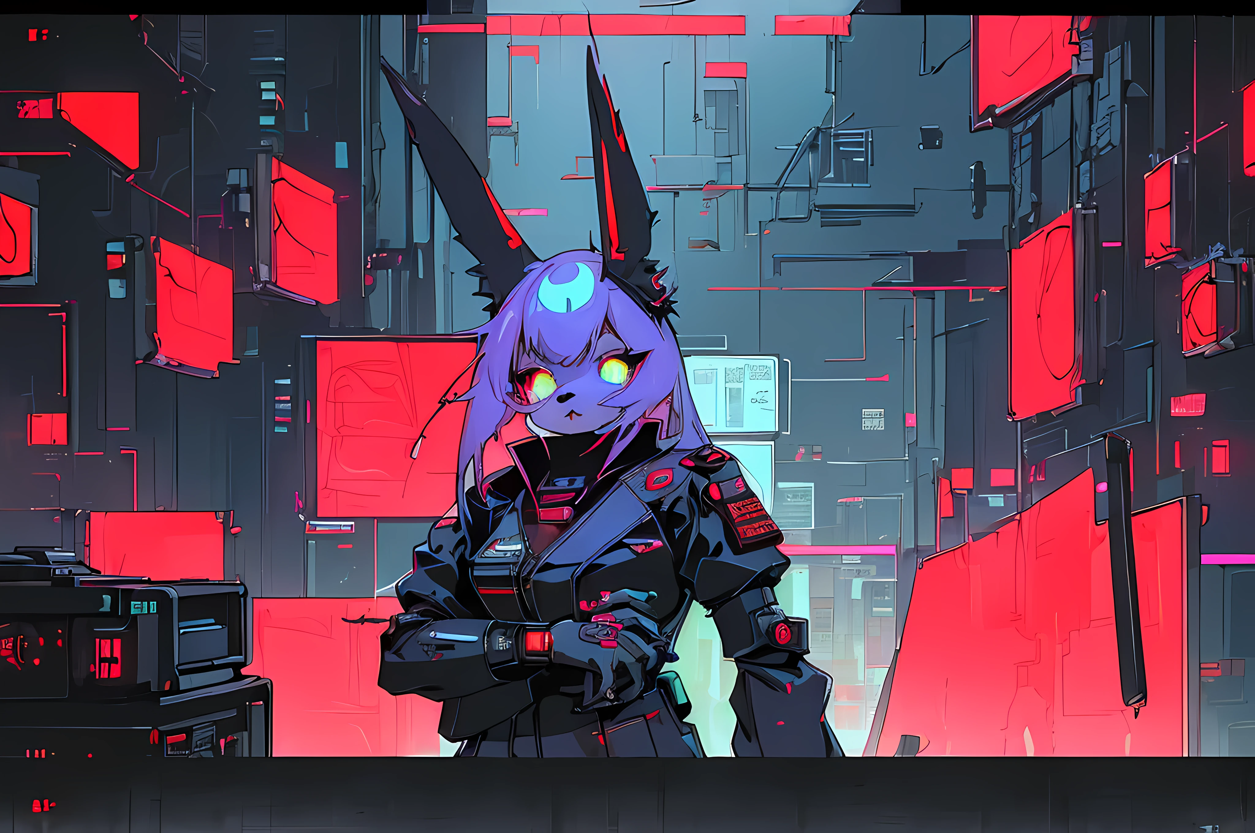 (((cyberpunk bleak bleak bleak dark black black black bleak gray))), (vintage vhs), (crt screenshot), (((dark scene))), (((dark cloudy scene))), (((angel's egg anime))), (((serial experiments lain anime))), (((dystopian basement scene))), (((unlit nighttime scene))), (((dark abandoned cyberpunk glowing screens lab house))), (((solemn black anthro kemono furry rabbit kommisar gestapo officer fighter with uniform and tall bunny ears exploring old computer screens))), (((cyberpunk dystopian headquarters filled with glowing computer monitors and red screens))), anime black rabbit gestapo with futuristic hair and piercing glowing eyes and tall bunny ears commander, anime art, anime aesthetic, (((old electronics in background cel art))), kemono anime rabbit man, wearing cybernetic bunny ears, angry male fighter --v6