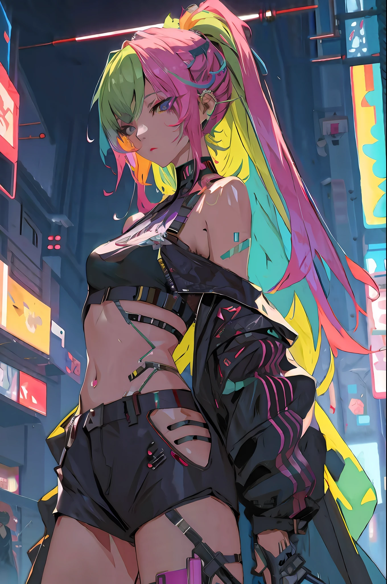 Anime girl with pink hair and black costume in the city, cyberpunk anime girl, anime cyberpunk art, Digital cyberpunk anime art, digitl cyberpunk - anime art, cyberpunk anime art, female cyberpunk anime girl, Cyberpunk art style, Best anime 4k konachan wallpaper, Anime cyberpunk moderno, Cyberpunk vibe, style of anime4 K, cyberpunk atmosphere, bright cyberpunk glow, anime cyberpunk