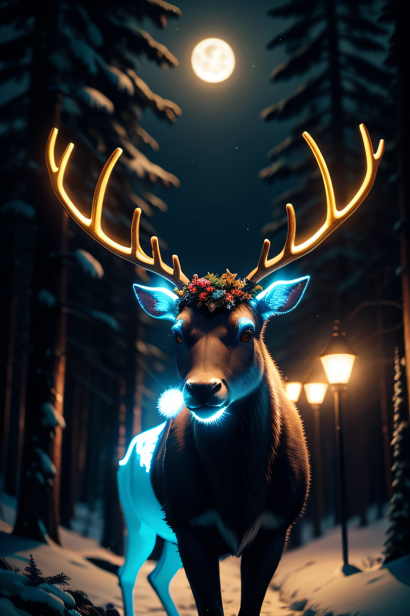 Glowing reindeer，At night，ln the forest