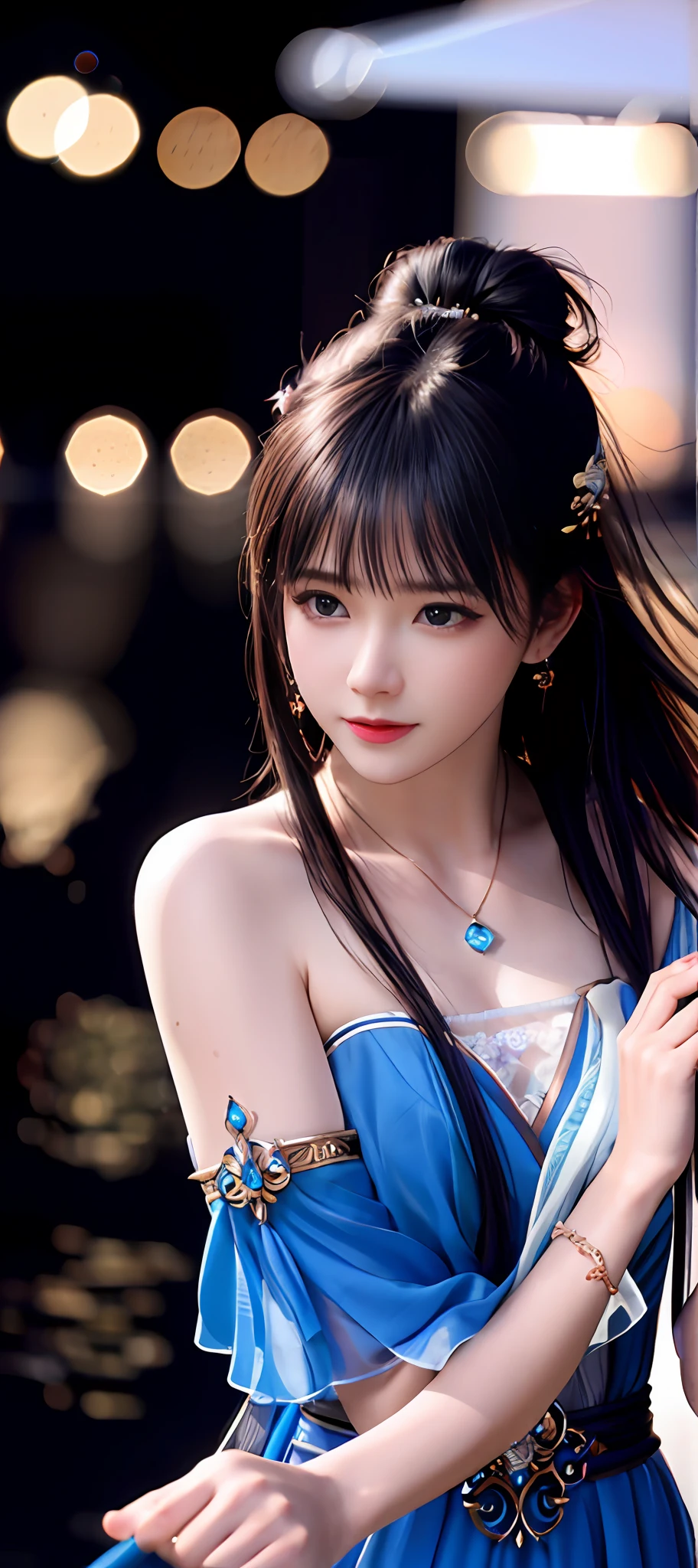 realisticity: 1.2), best quality, masterpiece, highres, cg, 1girl, weapon, sword, long hair, dress, water, solo, jewelry, blue dress, earrings, hair ornament, splashing, upper body super realistis, hair bun, blue and pink hair, city backgraun realistis, lighting,candid, Photograph, high resolution, 4k, 8k, Bokeh,