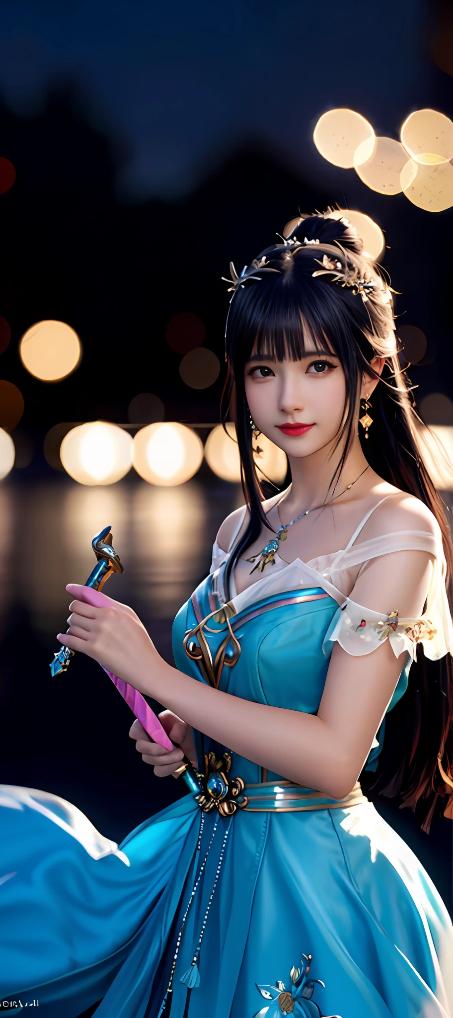 realisticity: 1.2), best quality, masterpiece, highres, cg, 1girl, weapon, sword, long hair, dress, water, solo, jewelry, blue dress, earrings, hair ornament, splashing, upper body super realistis, hair bun, blue and pink hair, city backgraun realistis, lighting,candid, Photograph, high resolution, 4k, 8k, Bokeh,