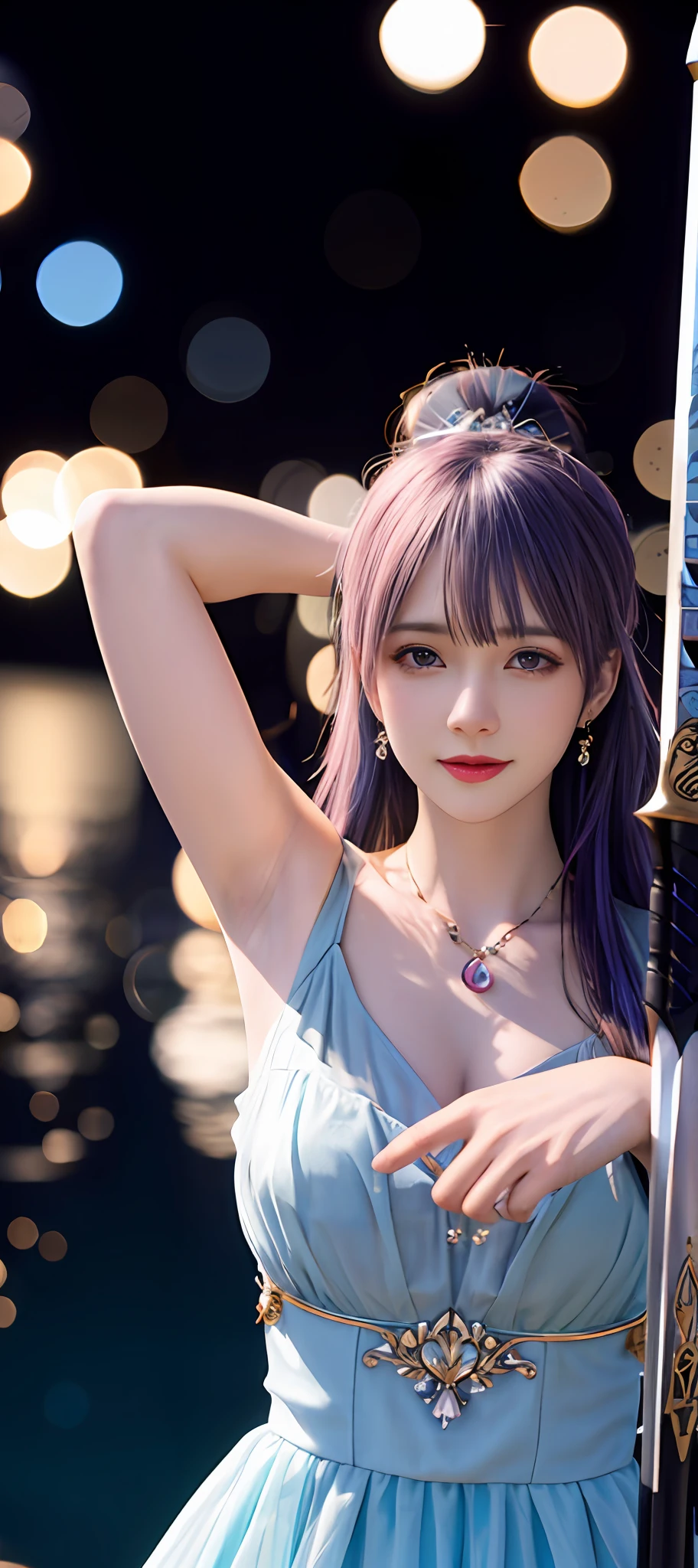realisticity: 1.2), best quality, masterpiece, highres, cg, 1girl, weapon, sword, long hair, dress, water, solo, jewelry, blue dress, earrings, hair ornament, splashing, upper body super realistis, hair bun, blue and pink hair, city backgraun realistis, lighting,candid, Photograph, high resolution, 4k, 8k, Bokeh,