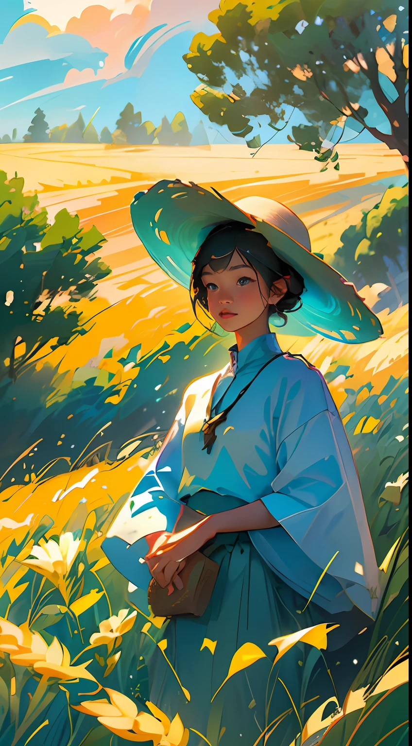 A peasant uncle with a straw hat stands in a wheat field, big clouds, blue sky, rice field, neat rice seedlings in the field, forest, hillside, secluded, countryside, HD detail, hyperdetail, cinematic, surrealism, soft light, deep field focus bokeh, ray tracing and surrealism. --v6