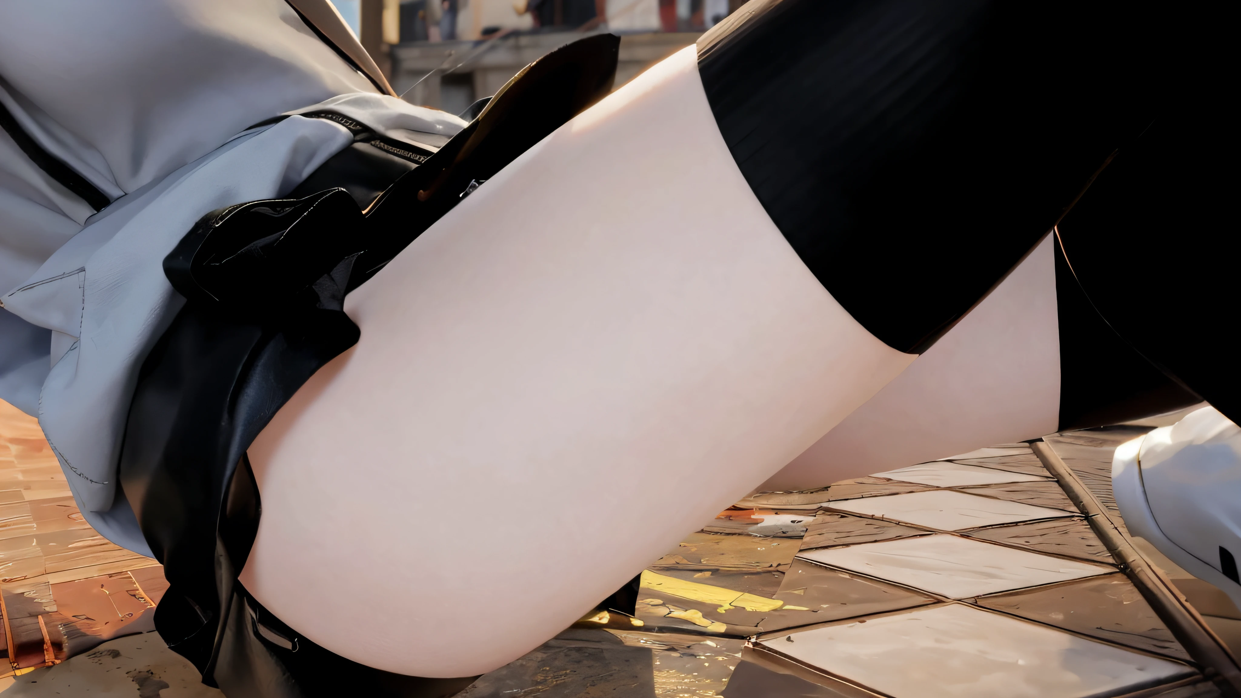 There is a woman in a short skirt and black boots, tiro detalhado pernas-up, Tiro Giantess altamente detalhado, Coxas fechadas, detailed legs looming over you, close-up nas pernas, coxas grossas e lisas, detailed legs towering over you, pernas detalhadas, pequenos detalhes suaves, Tiro Gigantess extremamente detalhado, tracer in a skintight dress