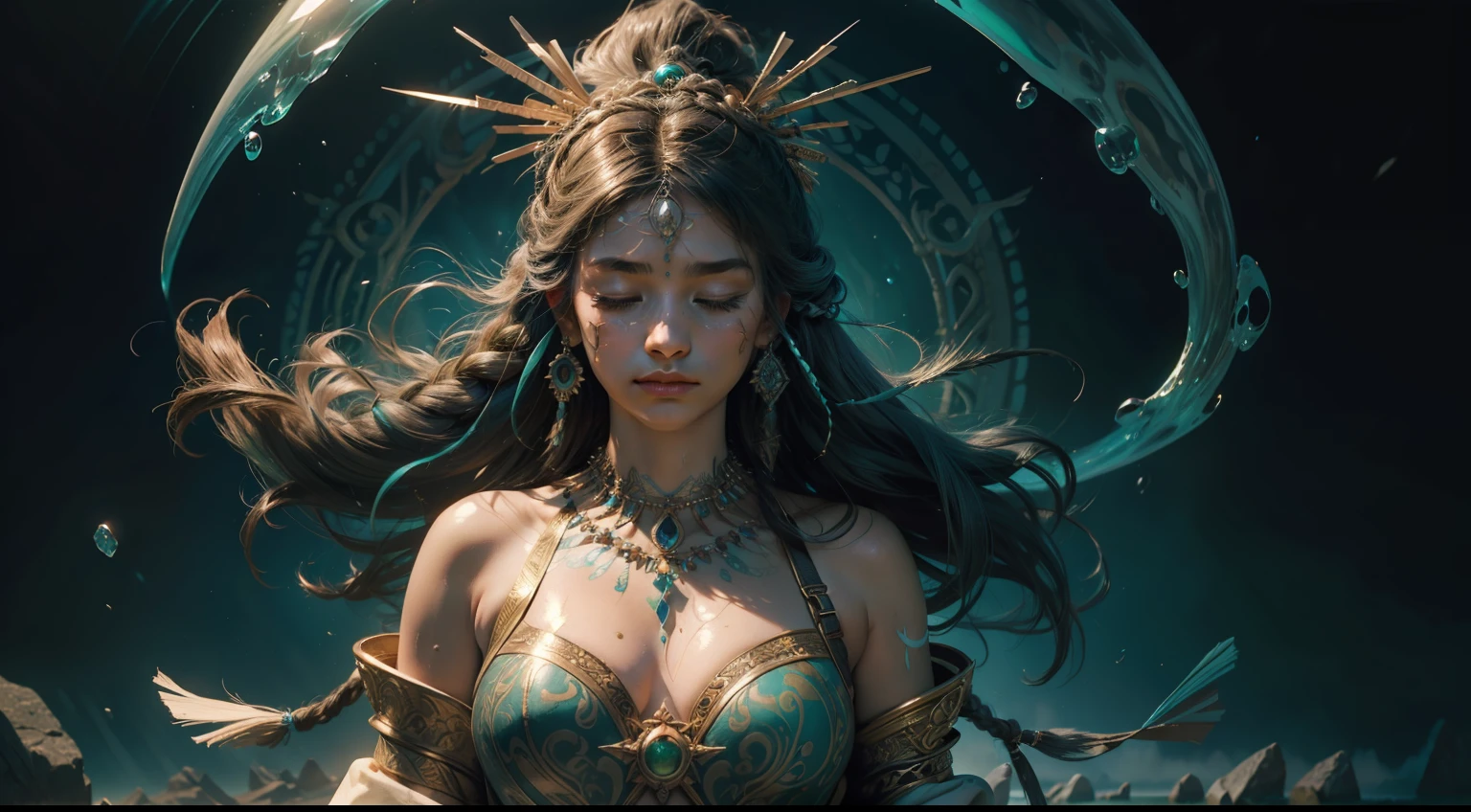 (hologram), (half frame), solo, detailed background, detailed face, (stonepunkAI, stone theme: 1.1), wise, (female), (native american), (beautiful hair, braid: 0.2), shaman, septum piercing, mystical, (gorgeous face), stunning, head up, (eyes closed, calm expression), calm, meditation, seafoam green worn clothing, rosary, tribal jewelry, hair feathers, headgear: 0.33, emerald, obsidian, fine clothing, cleavage, realistic skin textures, (floating particles, water swirls, embers, ritual, whirlwind, wind:1.2), sharp focus, volumetric lighting, highlights, good shadows, times Surface Scattering, Intricate, Highly Detailed, ((Movie)), Dramatic, (Highest Quality, Award Winning, Masterpiece: 1.5), (Realism: 1.5), (Intricate Symmetry War Paint: 0.5),