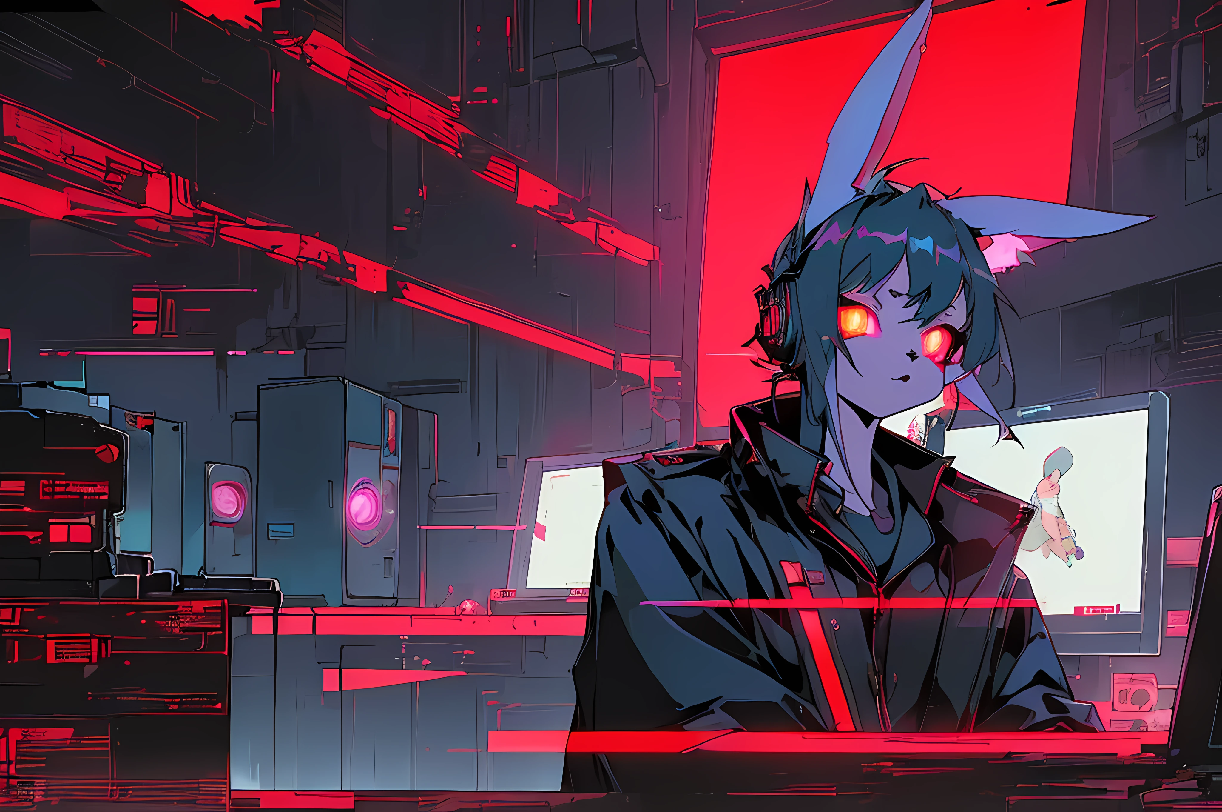 (((cyberpunk bleak bleak bleak dark black black black bleak gray))), vampire hunter d, (vintage vhs), (crt screenshot), (((dark scene))), (((dark cloudy scene))), (((angel's egg anime))), (((serial experiments lain anime))), (((dystopian basement scene))), (((unlit nighttime scene))), (((dark abandoned cyberpunk glowing screens lab house))), (((solemn black anthro kemono furry rabbit kommisar gestapo officer fighter with uniform and tall bunny ears exploring old computer screens))), (((cyberpunk dystopian headquarters filled with glowing computer monitors and red screens))), anime black rabbit gestapo with futuristic hair and piercing glowing eyes and tall bunny ears commander, anime art, anime aesthetic, (((old electronics in background cel art))), kemono anime rabbit man, wearing cybernetic bunny ears, angry male fighter --v6