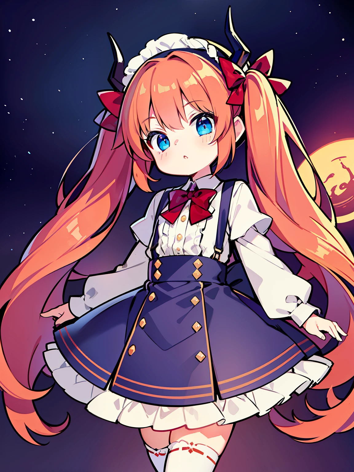 {{best quality}}, {{masterpiece}}, {{ultra-detailed}}, {illustration}, {detailed light}, red hair,blue eyes,twintails,lolita,Suspenders skirt,Fantastic,loli,solo,Dragon horns, girl,long hair