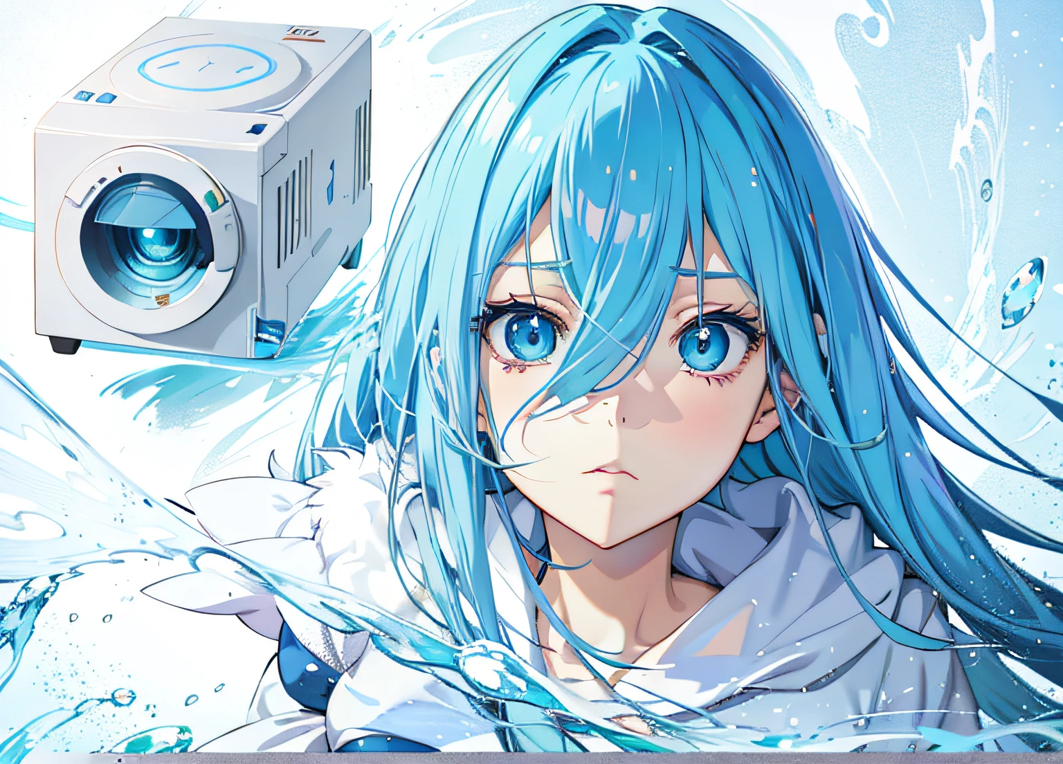Anime girl with blue hair and blue eyes holding camera, Rem Rezero, Anime girl with teal hair, wallpaper anime blue water, mikudayo, anime peripheral, white cyan, style of anime4 K, sad cerulean eyes, ufotable art style, Ice blue eyes, Anime style. 8K, ethereal anime, anime land of the lustrous