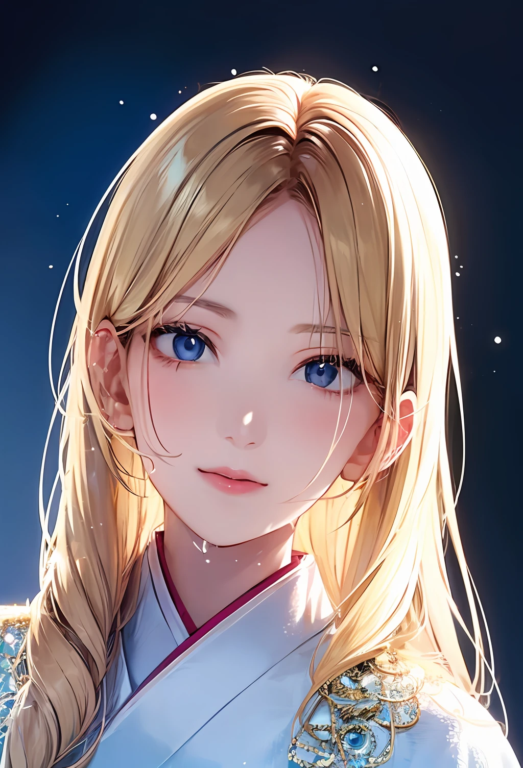 (Best quality at best,tmasterpiece),1girl,galaxias,glitters,shift dresses,Particle,ventania,florals,The upper part of the body,Dark simple background,looking at viewert,The blonde,water color , bright tone , This is is a closeup front view portrait of a 20-year- old beautiful Japanese girl , style by Hidemi Shimura . The imagecaptures the girl with water on her face , with softlighting that emphasizes her innocent and pure eyes , highlighting every detail . with a pale face setagainst a blue sky , with a misty and foggy , dreamyhaze -- s 180