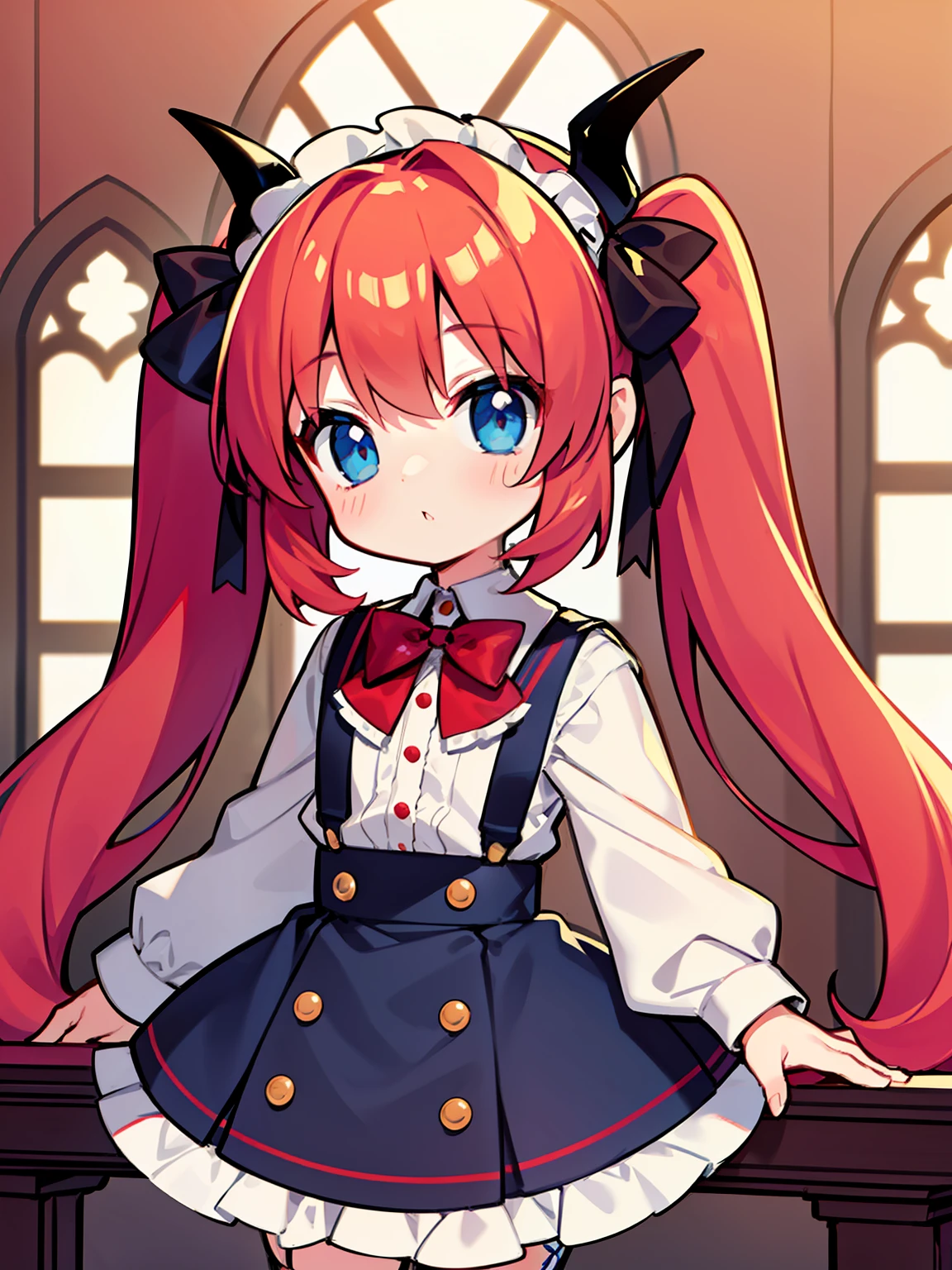 {{best quality}}, {{masterpiece}}, {{ultra-detailed}}, {illustration}, {detailed light}, red hair,blue eyes,twintails,lolita,Suspenders skirt,Fantastic,loli,solo,Dragon horns,little girl,long hair
