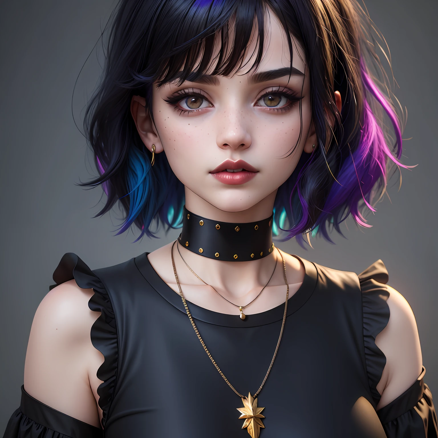 masterpiece, best quality, 3d rending work, 3DMM style, close-up, portrait, 3d, 1boy, solo, black, multicolored hair, blue hair, black hair, necklace, freckles, jewelry, two-tone hair, looking to the side, realistic, upper body, simple background, bangs, looking away, short hair, lips parted, black eyes, lips, gothic, choker, mole, black shirt, shirt, watermark