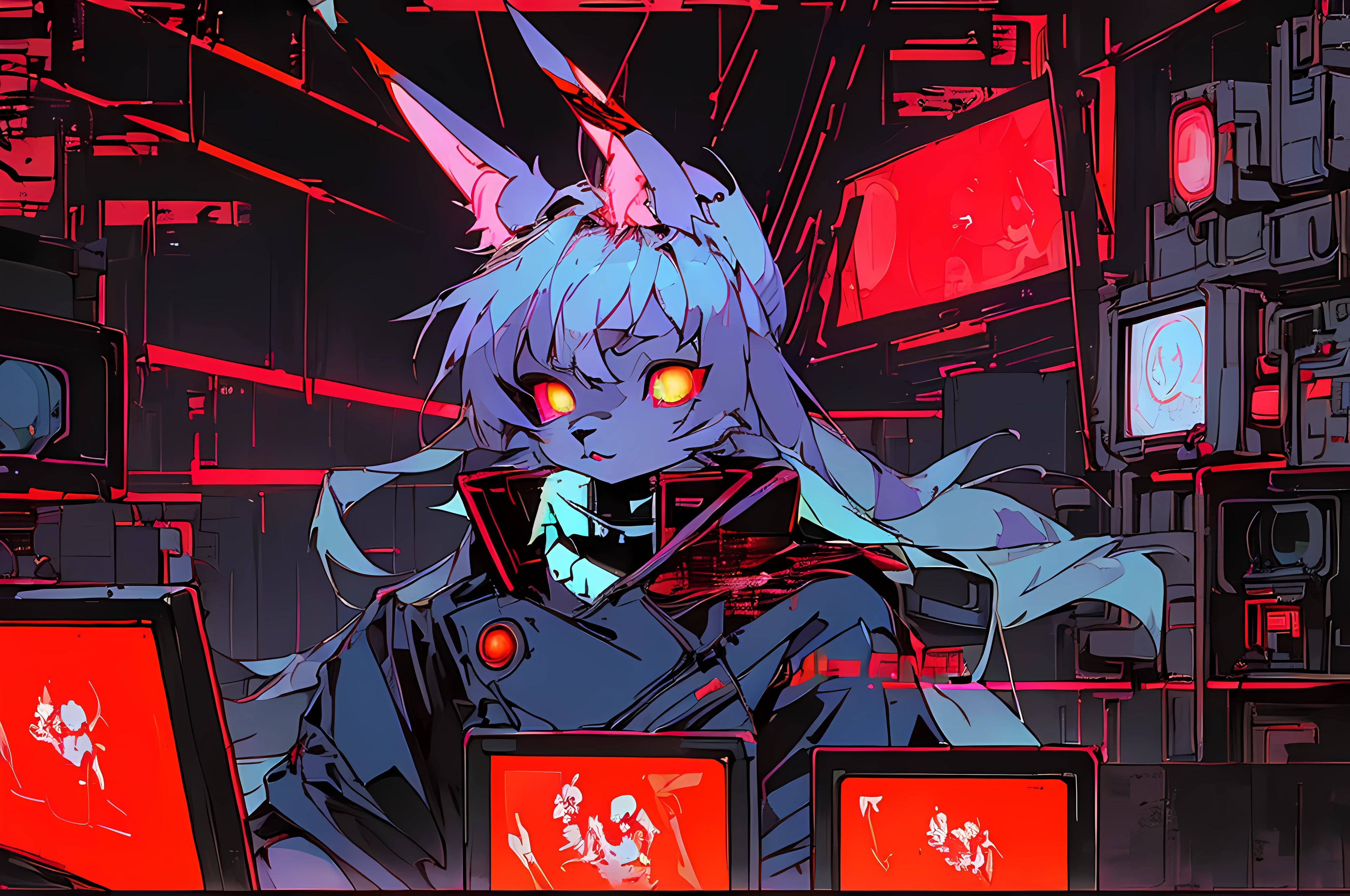 (((cyberpunk bleak bleak bleak dark black black black bleak gray))), vampire hunter d, (vintage vhs), (crt screenshot), (((dark scene))), (((dark cloudy scene))), (((angel's egg anime))), (((serial experiments lain anime))), (((dystopian basement scene))), (((unlit nighttime scene))), (((dark abandoned cyberpunk glowing screens lab house))), (((solemn black anthro kemono furry rabbit kommisar gestapo officer fighter with uniform and tall bunny ears exploring old computer screens))), (((cyberpunk dystopian headquarters filled with glowing computer monitors and red screens))), anime black rabbit gestapo with futuristic hair and piercing glowing eyes and tall bunny ears commander, anime art, anime aesthetic, (((old electronics in background cel art))), kemono anime rabbit man, wearing cybernetic bunny ears, angry male fighter --v6
