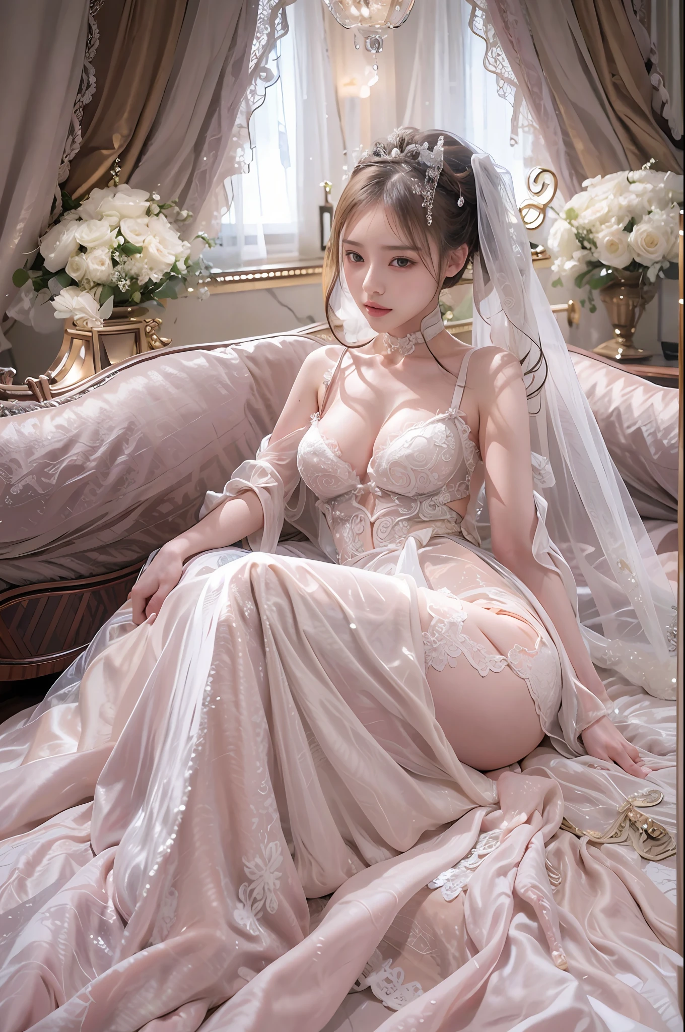 Sexy brides,Exposed clothing,Lie down in bed,looks into camera,tmasterpiece,Normal limbs,Hands are normal,anatomy correct,