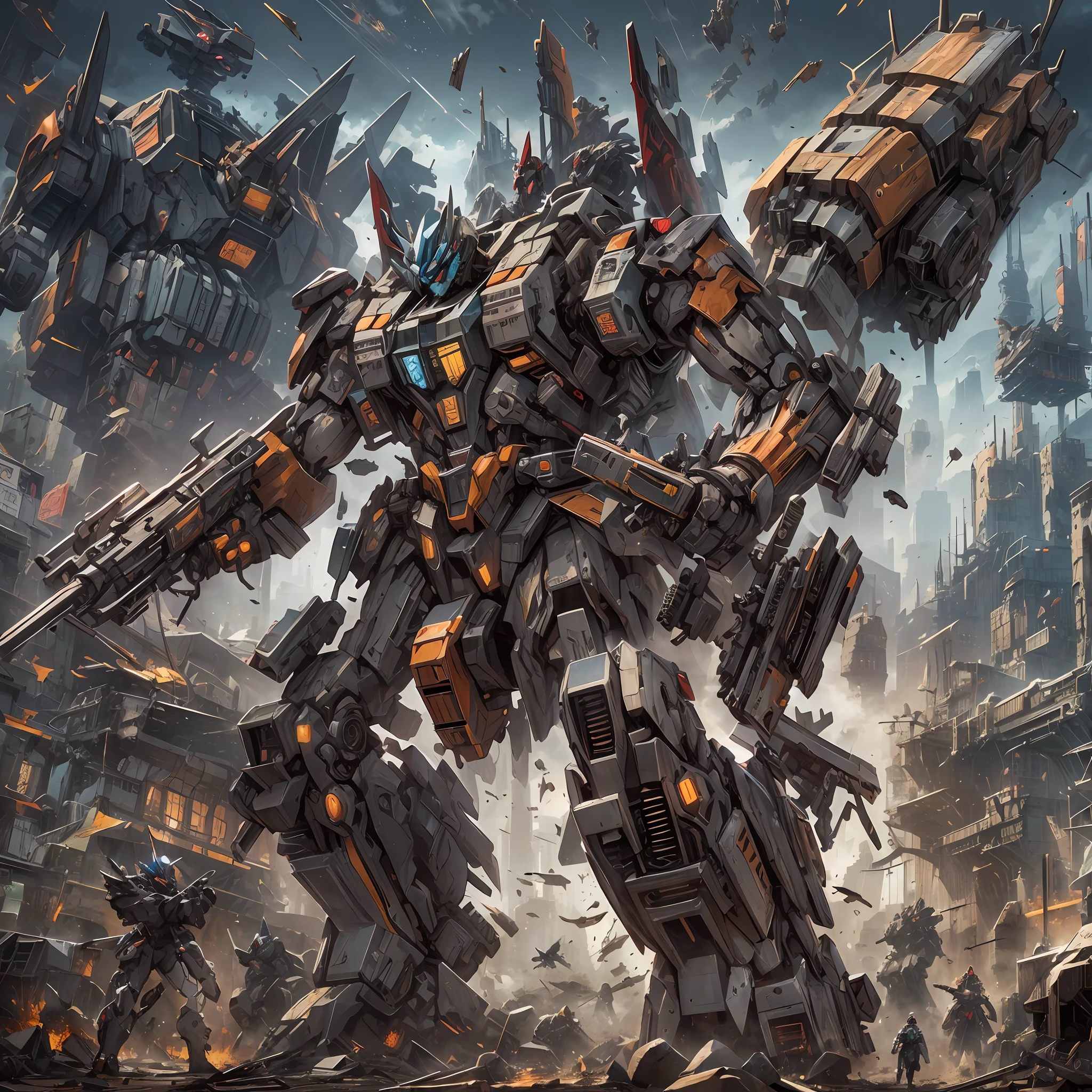 (absurdos, Altas, ultra detalhado),(master part, best quality:1.2),1mecha, mechanical marvel, otimus primer transformer, Absolutely stunning machines, extremamente detalhado, Caminhando por um campo de batalha,Sky full of bullets, surrounded by broken machinery,dark science fiction, cores vibrantes