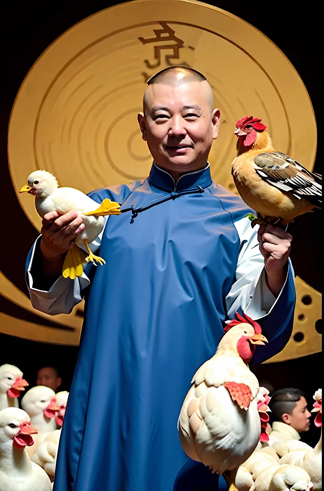The Araffed man holds a chicken and a knife, bao pham, holding a white duck, ren heng, wei wang, guangjian huang, doug chiang, the chicken man, xintong chen, steve zheng, xiaoguang sun, keng lye, peter chan, Leng Jun, longque chen, Chicken