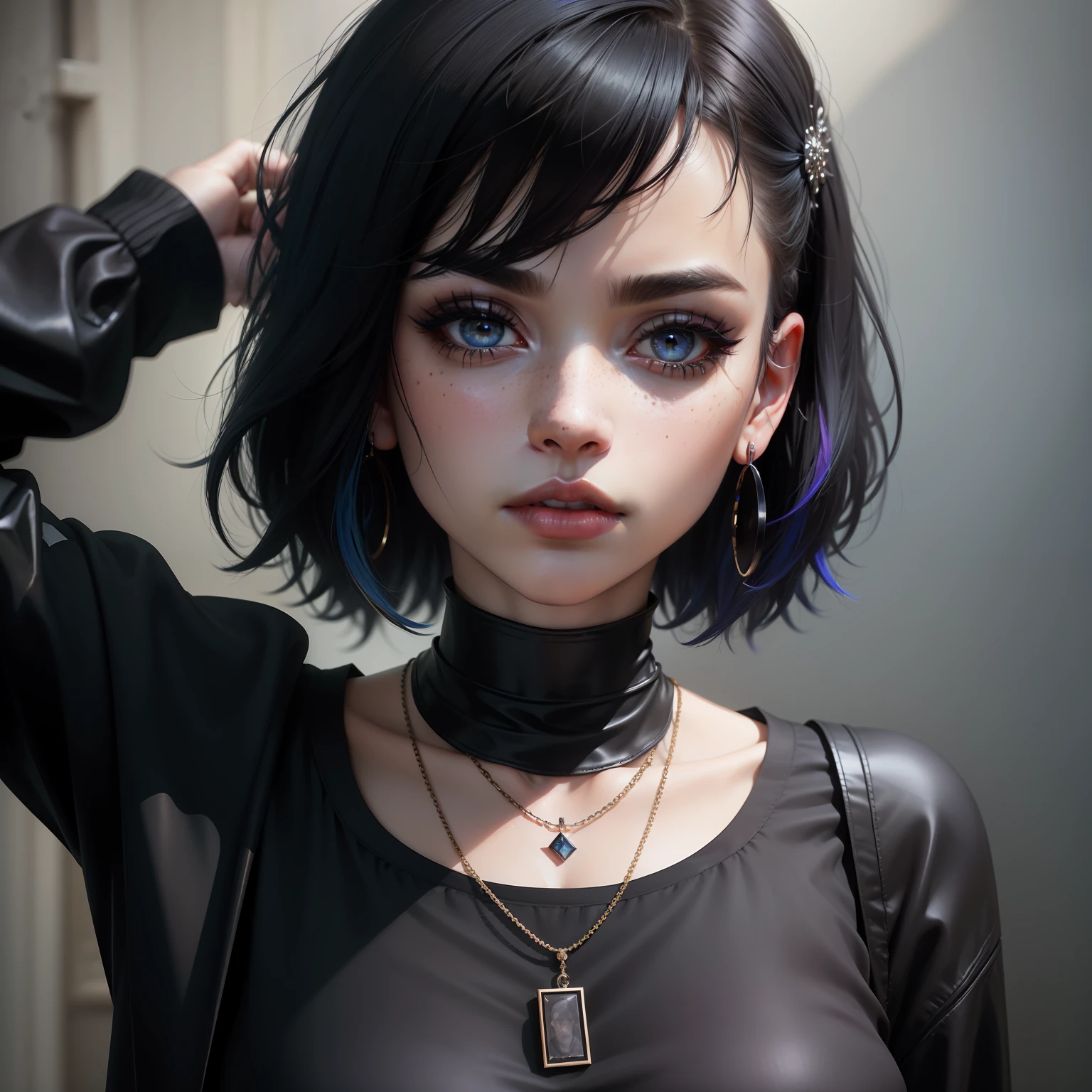masterpiece, best quality, 3d rending work, 3DMM style, close-up, portrait, 3d, 1girl, solo, black, multicolored hair, blue hair, black hair, necklace, freckles, jewelry, two-tone hair, looking to the side, realistic, upper body, simple background, bangs, looking away, short hair, lips parted, black eyes, lips, gothic, choker, makeup, mole, black shirt, shirt, watermark