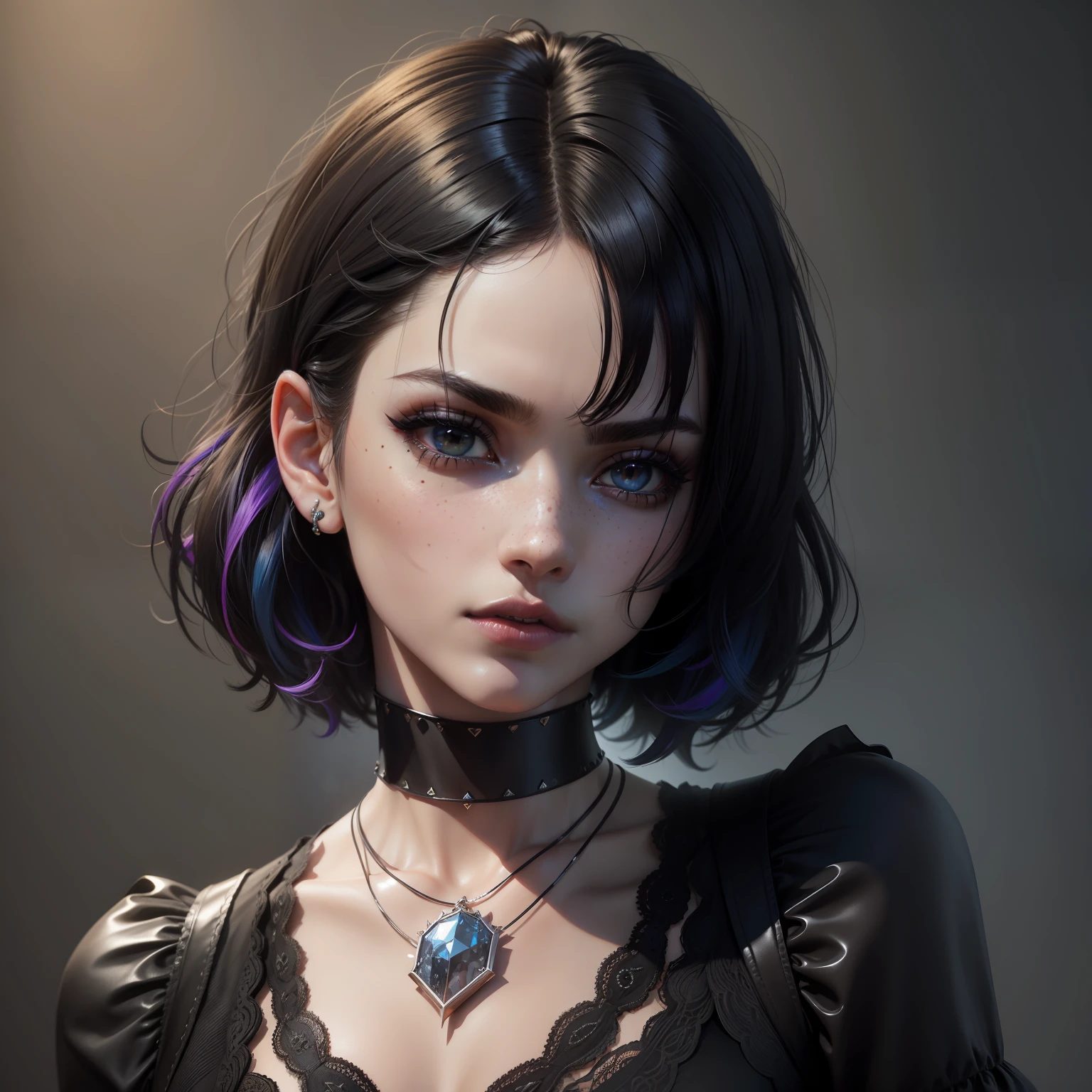 masterpiece, best quality, 3d rending work, 3DMM style, close-up, portrait, 3d, 1girl, solo, black, multicolored hair, blue hair, black hair, necklace, freckles, jewelry, two-tone hair, looking to the side, realistic, upper body, simple background, bangs, looking away, short hair, lips parted, black eyes, lips, gothic, choker, makeup, mole, black shirt, shirt, watermark