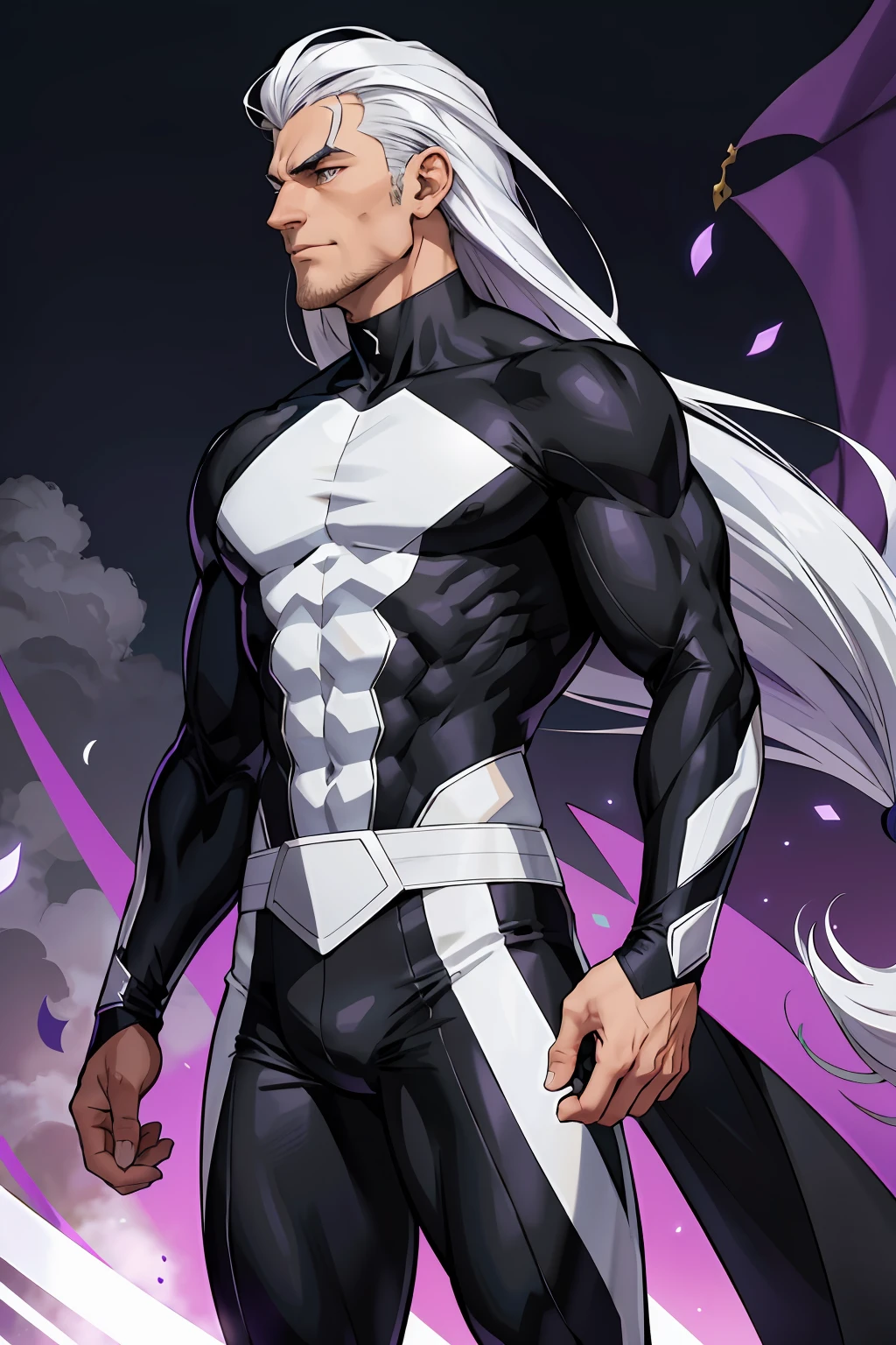 Guy Asexual super hero Black Gray white and purple clothes asexual flag long white hair
