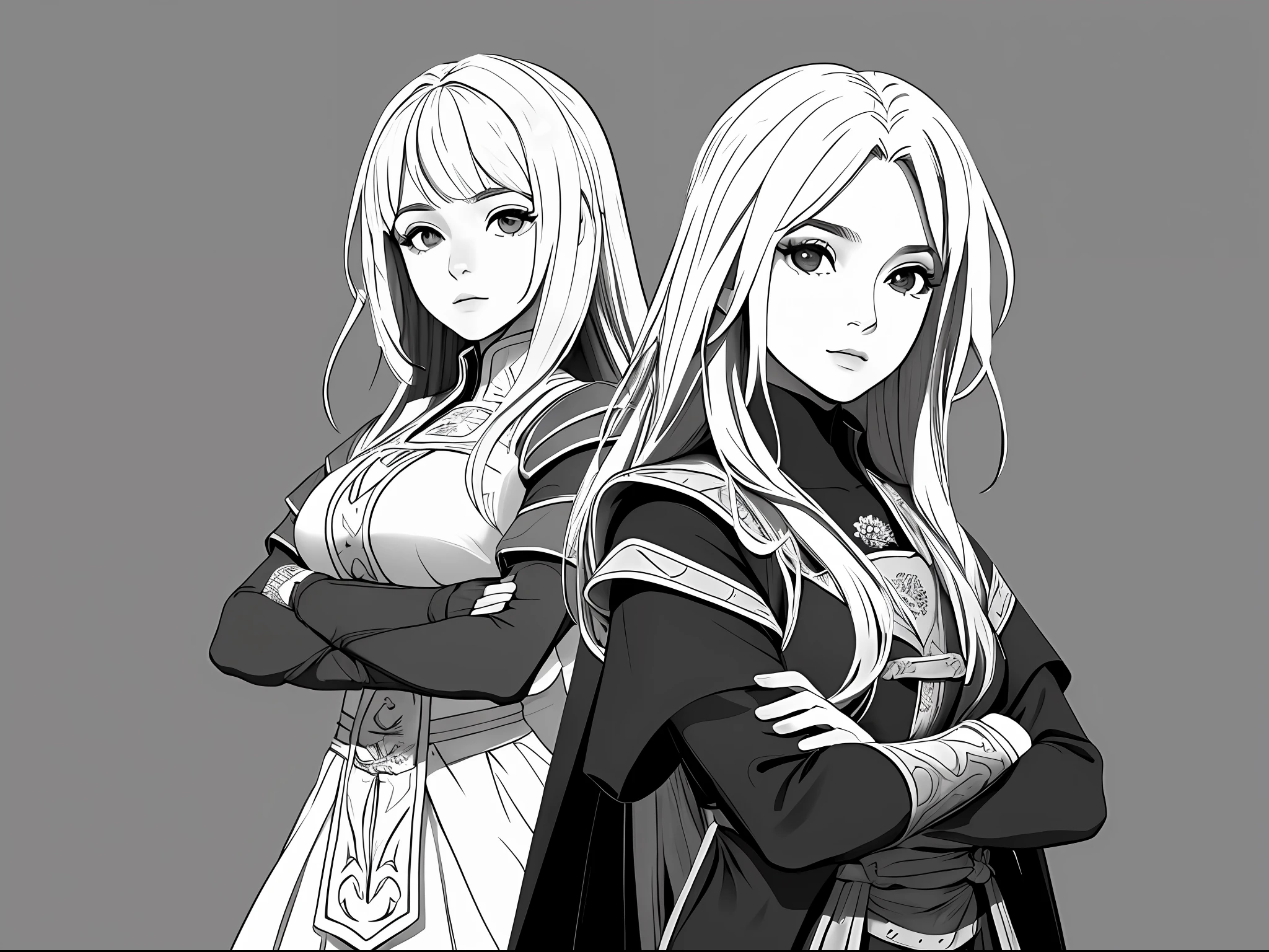 obra-prima, melhor qualidade, detalhado, 1mulher, sozinho, cabelo cacheado, medieval, boca fechada, fundo simples, folded arms, Linha de FrenteArte, lineart