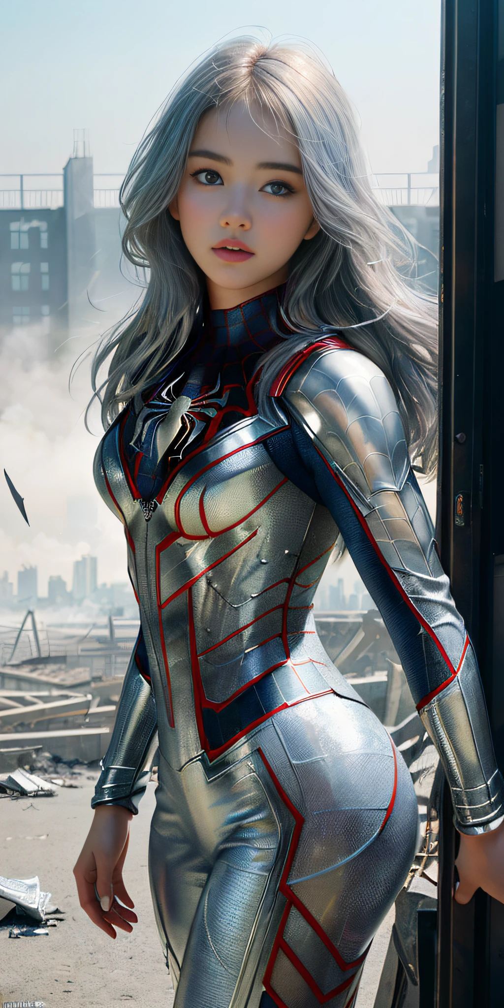 (1girl:1.3), Solo, (((Very detailed face)))), ((Very detailed eyes and face)))), Beautiful detail eyes, Body parts__, Official art, Unified 8k wallpaper, Super detailed, beautiful and beautiful, beautiful, masterpiece, best quality, original, masterpiece, super fine photo, best quality, super high resolution, realistic realism, sunlight, full body portrait, amazing beauty, dynamic pose, delicate face, vibrant eyes, (from the front), She wears Spider-Man suit, dark V, silver gray color scheme, spider, very detailed abandoned warehouse background, detailed face, detailed complex busy background, messy, gorgeous, milky white, highly detailed skin, realistic skin details, visible pores, clear focus, volumetric fog, 8k uhd, DSLR camera, high quality, film grain, fair skin, photo realism, lomography, futuristic dystopian megametropolis, seen from below, translucent