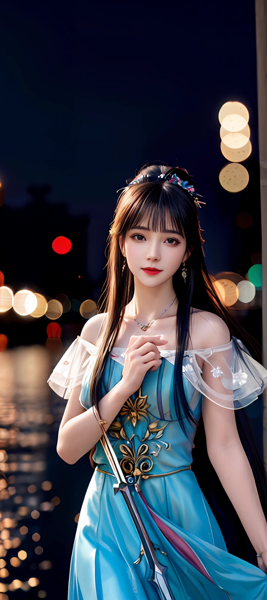 realisticity: 1.2), best quality, masterpiece, highres, cg, 1girl, weapon, sword, long hair, dress, water, solo, jewelry, blue dress, earrings, hair ornament, splashing, upper body super realistis, hair bun, blue and pink hair, city backgraun realistis, lighting,candid, Photograph, high resolution, 4k, 8k, Bokeh,