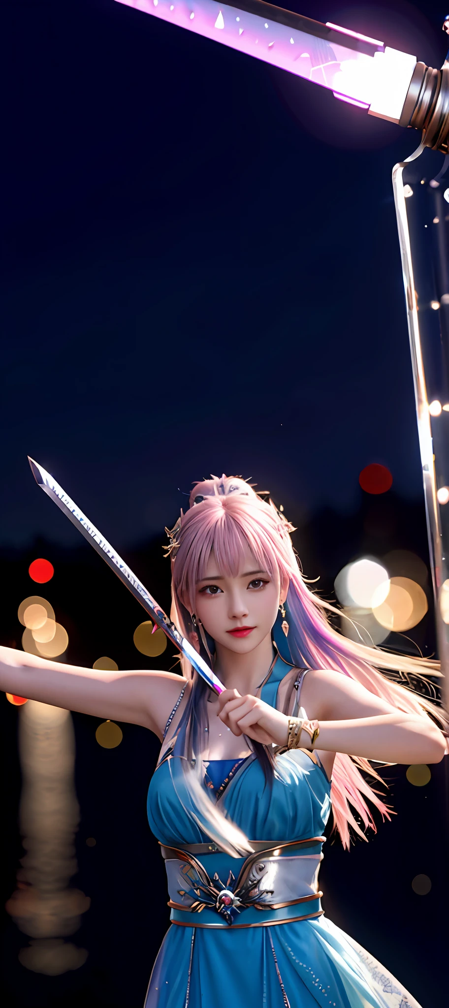realisticity: 1.2), best quality, masterpiece, highres, cg, 1girl, weapon, sword, long hair, dress, water, solo, jewelry, blue dress, earrings, hair ornament, splashing, upper body super realistis, hair bun, blue and pink hair, city backgraun realistis, lighting,candid, Photograph, high resolution, 4k, 8k, Bokeh,