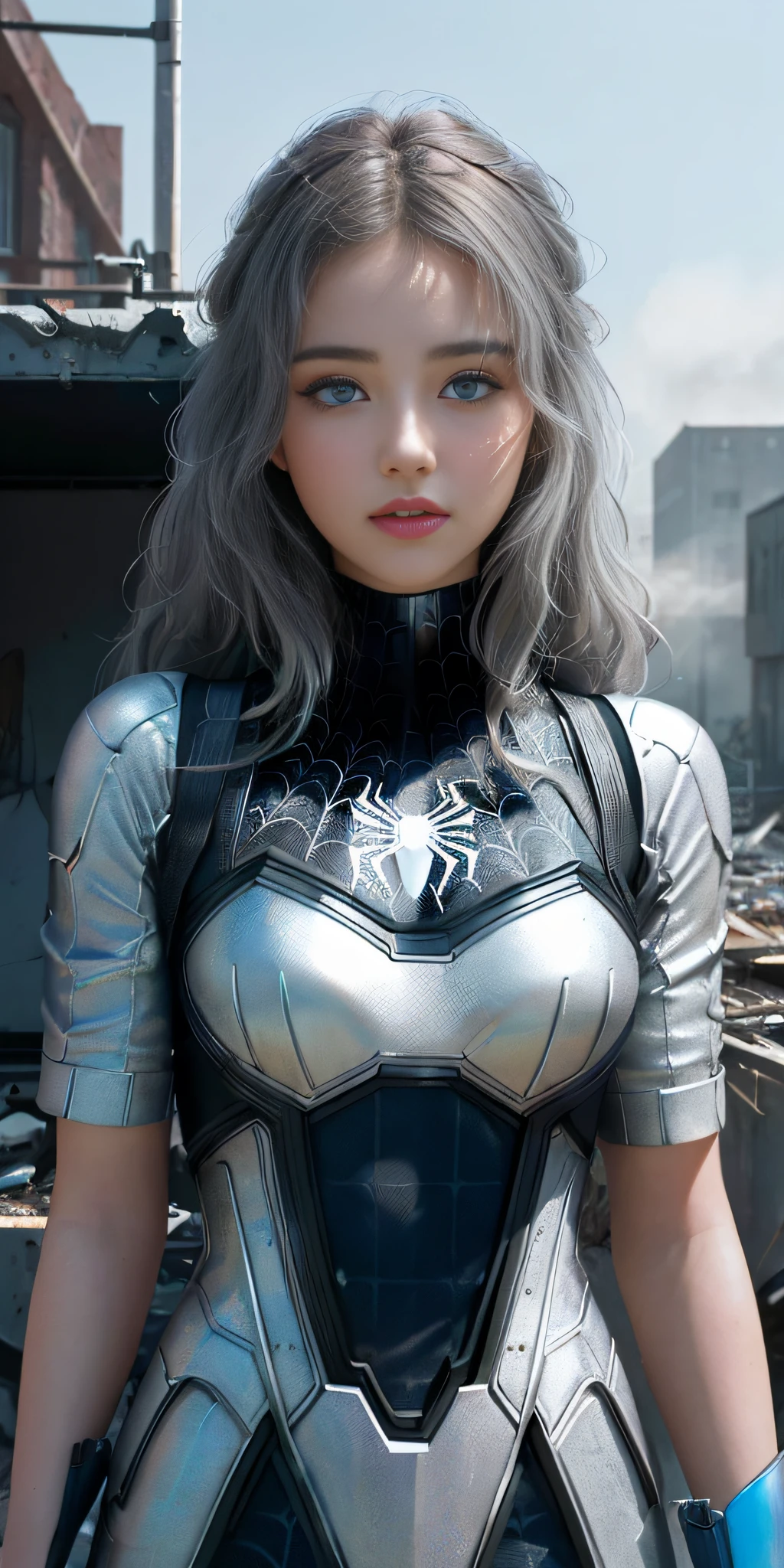 (1girl:1.3), Solo, (((Very detailed face)))), ((Very detailed eyes and face)))), Beautiful detail eyes, Body parts__, Official art, Unified 8k wallpaper, Super detailed, beautiful and beautiful, beautiful, masterpiece, best quality, original, masterpiece, super fine photo, best quality, super high resolution, realistic realism, sunlight, full body portrait, amazing beauty, dynamic pose, delicate face, vibrant eyes, (from the front), She wears Spider-Man suit, dark V, silver gray color scheme, spider, very detailed abandoned warehouse background, detailed face, detailed complex busy background, messy, gorgeous, milky white, highly detailed skin, realistic skin details, visible pores, clear focus, volumetric fog, 8k uhd, DSLR camera, high quality, film grain, fair skin, photo realism, lomography, futuristic dystopian megametropolis, seen from below, translucent