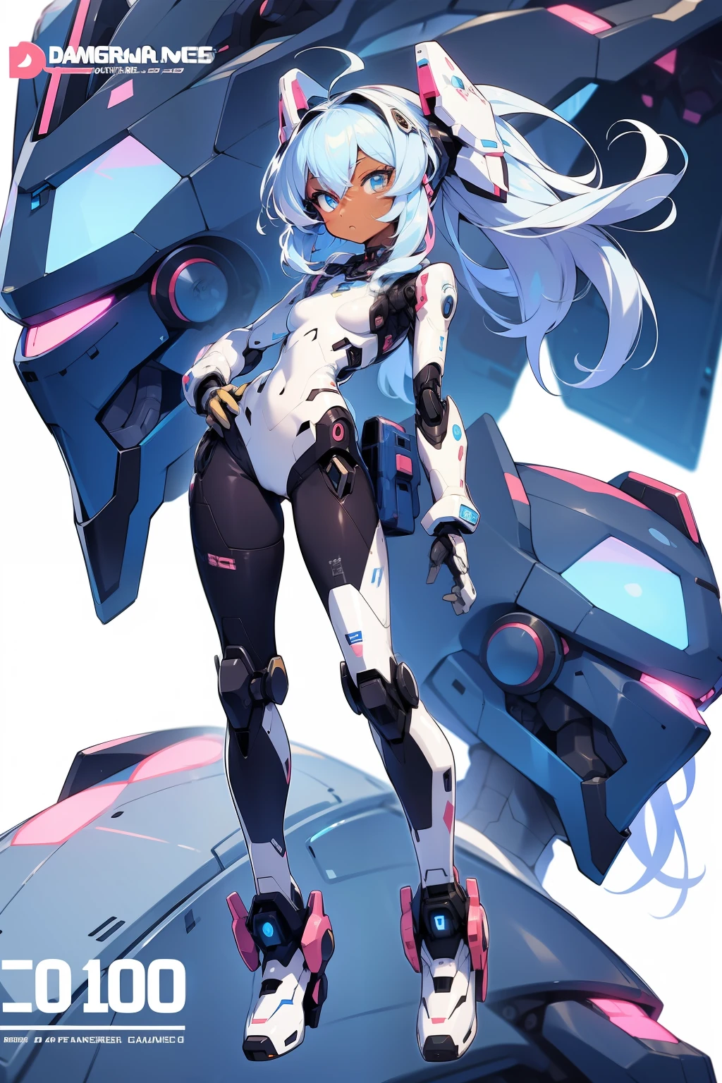 anime, illustrate, girl, anime styled, character design, 2d, robot girl, darkskin, blue and white hair, robotic, cute, anime 2007,