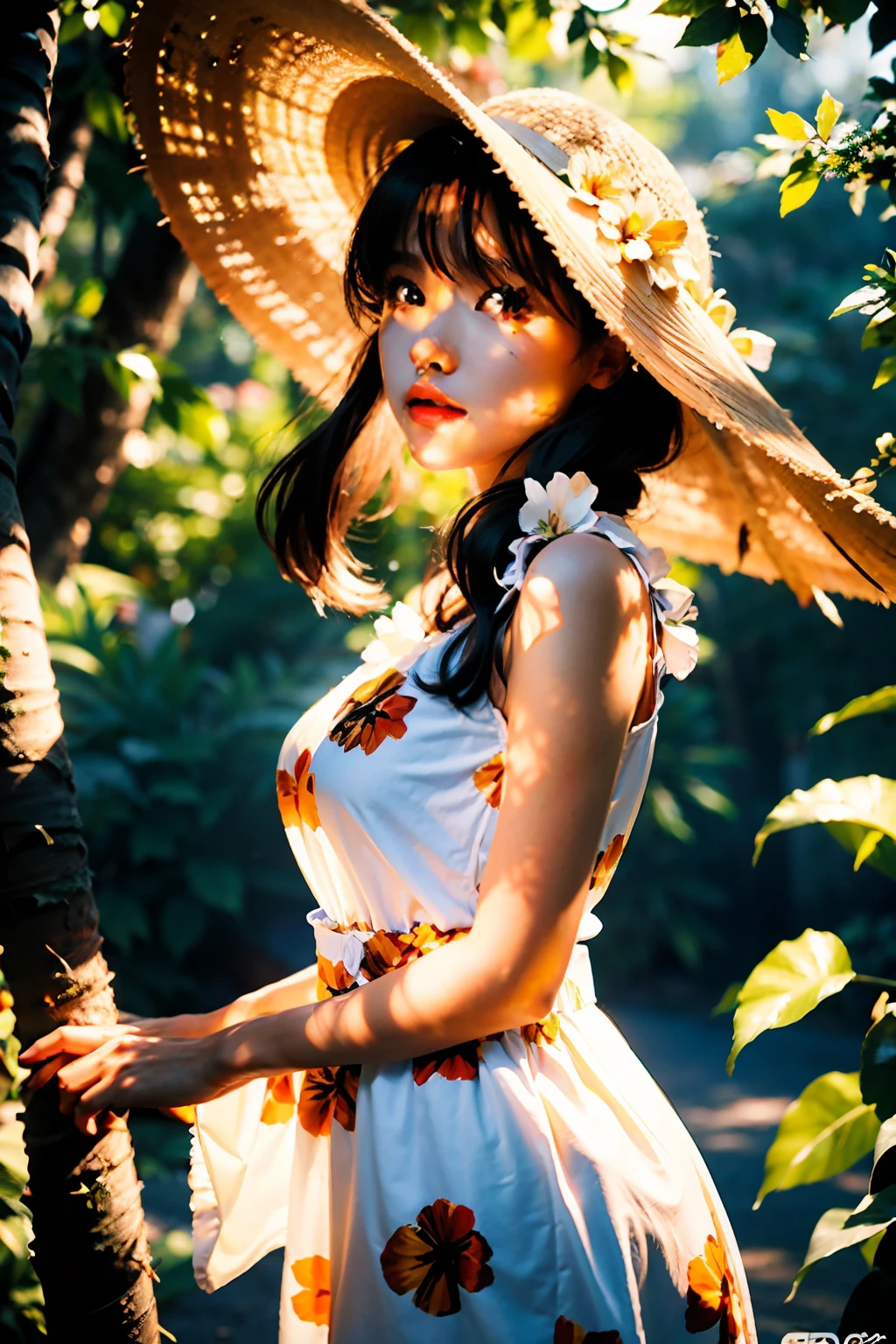 (Close-up: 1.5), (Facial Focus: 2), (???? ??? Style: 1.5),
((sides: 2)), (1 girl surrounded by soft_light:1.5), (backlight: 1.8), (lighting), (flowing fabric: 1.3), (Floral_summer_dress:1.5), (Straw_hat:1.3)),
(masterpiece), realistic, HDR, highly detailed, 8k, original photo,
ambient occlusion, nature, harmonious composition, warm colors, fine art photography, nudity,