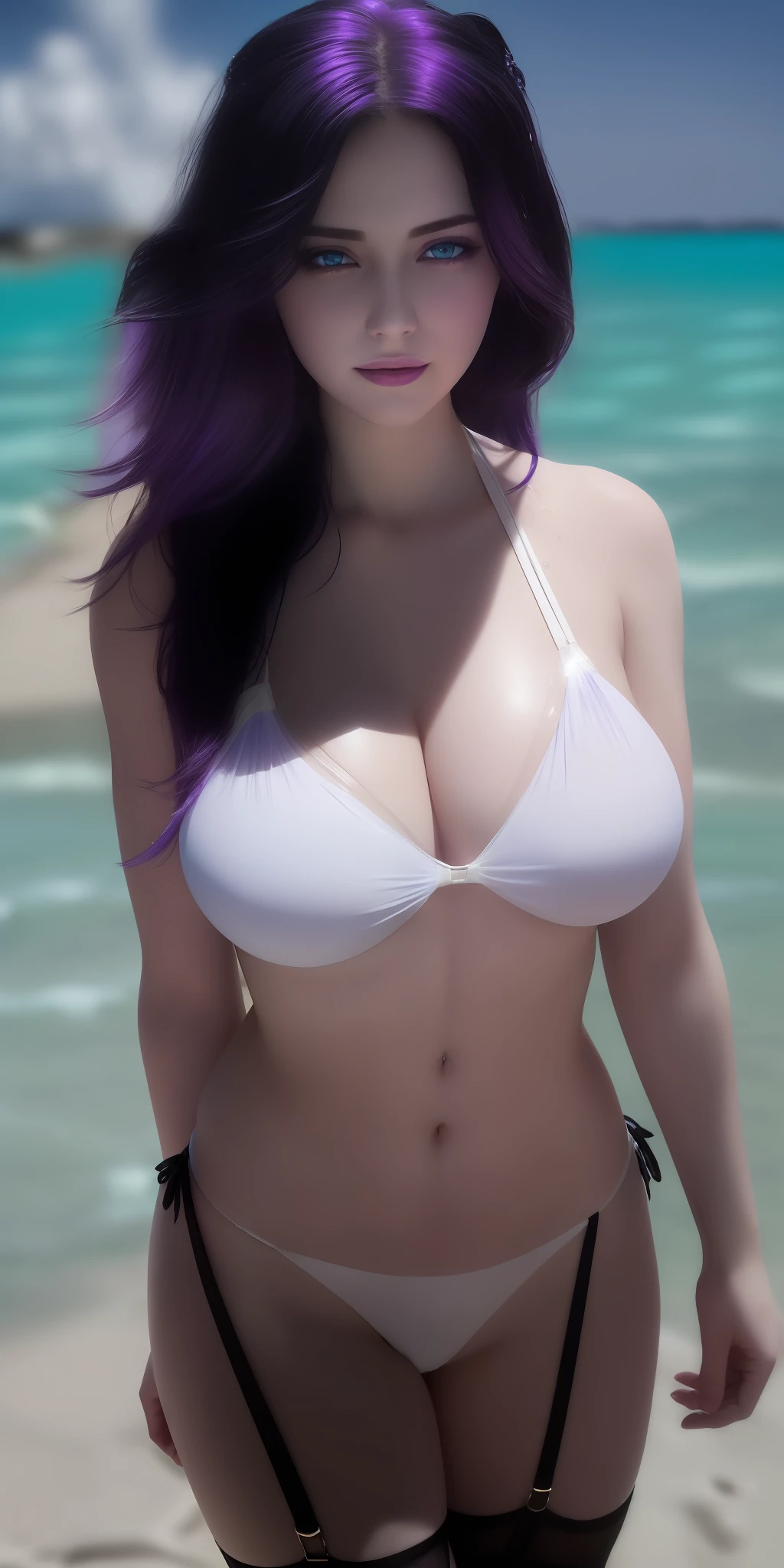 American woman, ((dynamic pose:1.3)), (spoiled:1),(beady big shining blue eyes:1.3), ( very see-through white bikini:1.5),(drooping eyes:1.4), (beautiful beach:1.9), (thin lips:1.5),(big breasts:1.5),round face,(innocent:1.5),(bright purple hair:1.5), (looking at viewer:1.5),(smiling:1.3),(happy:1.2),lovely,( black garter belt:1.5),(1girl),(open mouth:1.4),(delicate touch),(8k),(4k),(absurdres),perfect lighting,charming,realistic, alluring, clean, beautiful face, pure face,pale skin,wet, sweat,