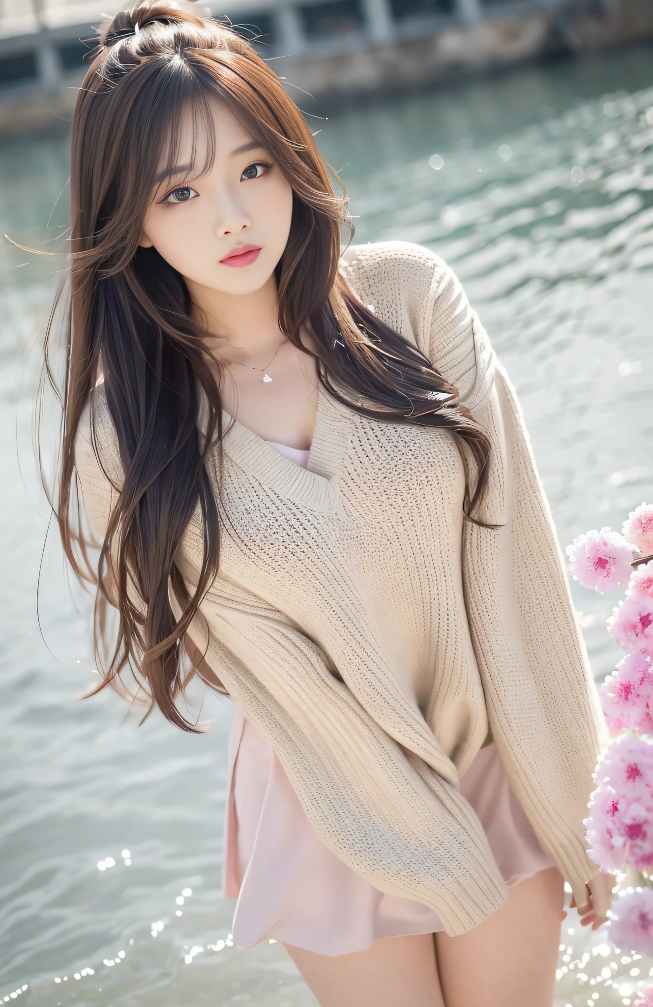 1girl walking on the river, mix4, sweater, pillow, lips, open_mouth, realistic, photo_\(medium\), solo, stuffed_animal, stuffed_toy, teddy_bear, (masterpiece), (realism: 1.3), super detailed, (High detail skin: 1.2), (Best quality: 1.0), (Ultra resolution: 1.0), (ULZZANG-6500: 0.3), wavy detail hair, long hair, sunshine, (beautiful detail makeup), (sexually aroused blush, heavy breath: 1.0), floral theme petals scattered, (soft light bloom: 0.5)