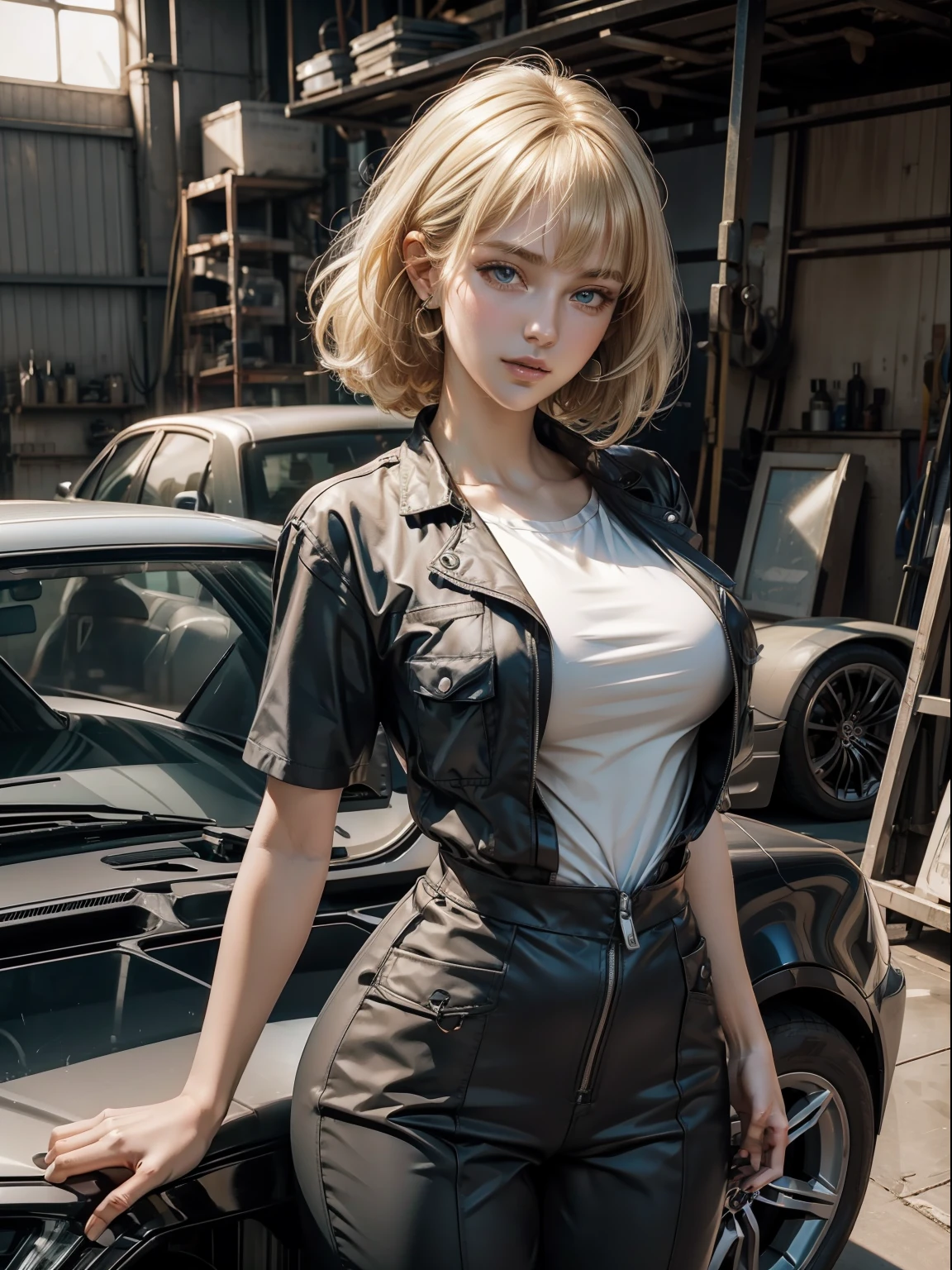 masuter piece, best qualtiy, ((realisitic)), ((1 person)), 8K picture quality, extremely delicate and beautiful, magnifica, Official art with attention to detail, Ridiculous, unbelievable Ridiculous, huge filesize, ultra-detailliert, ighly detailed, (Beautuful Women), (detailed woman), Blonde hair, ((Perfect female figure)), Slim waist ,((car mechanic)), ((Short sleeve mechanic suit)), With bangs, Feminine look, (ssmile), Car repair shop