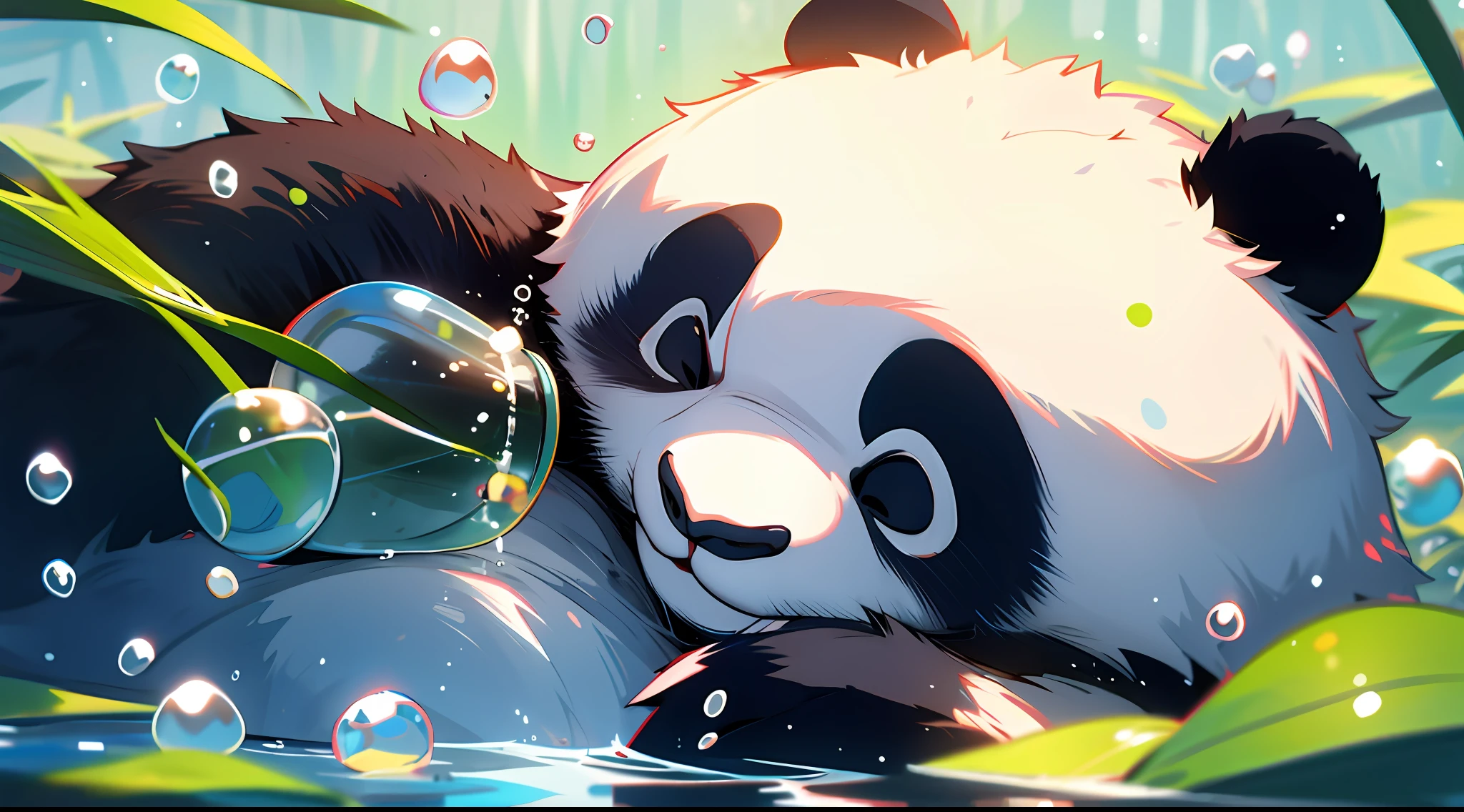 cute panda，closeup of face，portraitures，hairy pubic，No Man，under the water，water bubbles，Buble，adorable smile，最好质量，8K，A panda sitting，Holding a bottle of water in his hand，Don't have too many colors，The color is simple，Don't get too much light