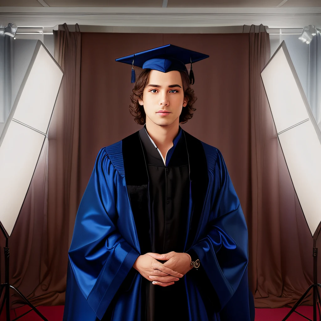 Arafed male in prom dress standing in front of a backdrop, Foto de formatura, foto de retrato de um pano de fundo, Retrato no meio da foto, foto de retrato detalhada, Directed by: Scott M. Fischer, wearing an academic gown, foto de retrato, Cabo de fotografia altamente detalhado, Directed by: Juan O'Gorman, mid portrait, color studio portrait, Directed by: Daniel Schultz, still photograph, award winning studio photo