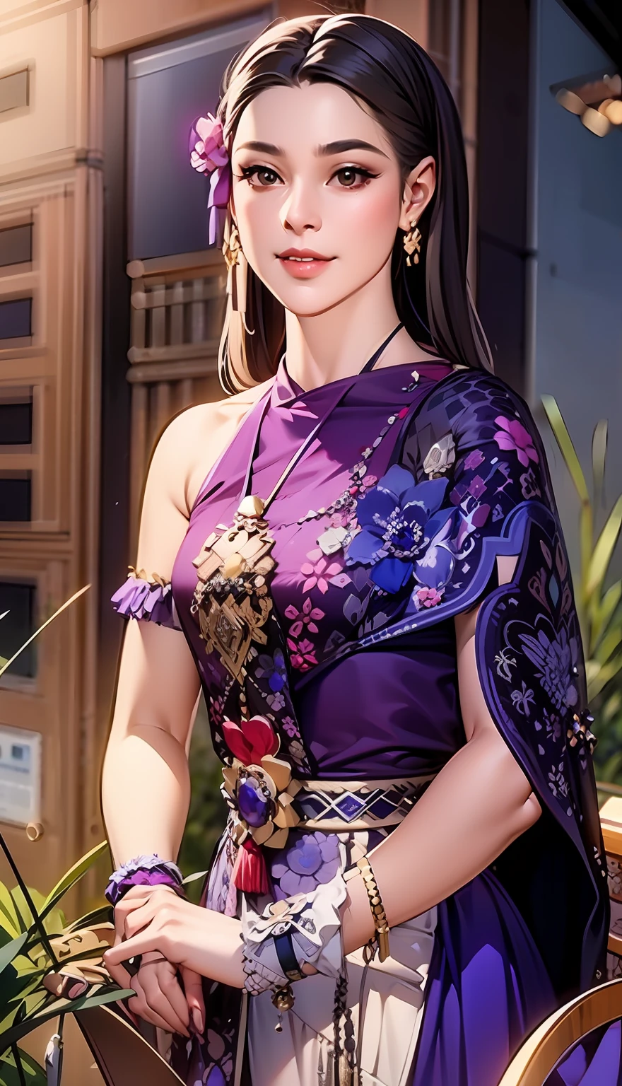 a woman in a purple dress is standing outside, in style of lam manh, patiphan sottiwilaiphong, nivanh chanthara, sukhothai costume, dilraba dilmurat, purple and white thich cloak, patiphan sottiwilai, in style of thawan duchanee, wearing ornate silk clothes