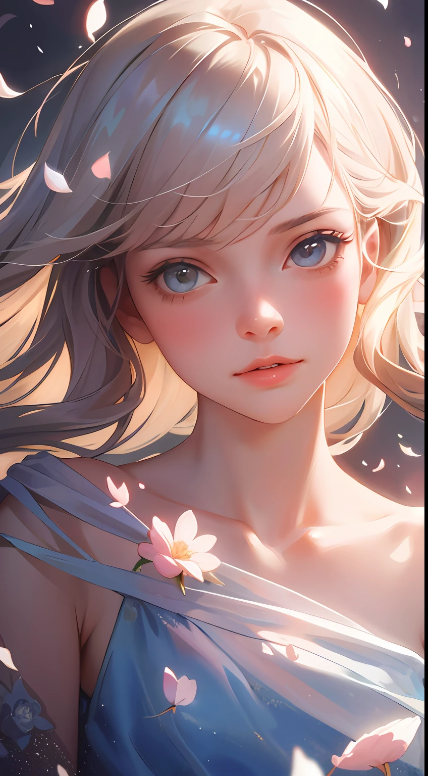 (best quality, masterpiece, ultra-realistic), 1 beautiful and delicate portrait of a girl, playful and cute, with floating petals in the background