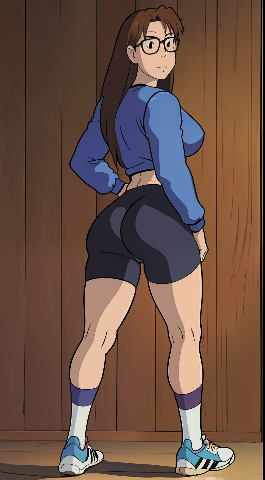 Koyomi Mizuhara, brown hair, long hair, glasses, brown eyes, luscious lips, smug, Sleeved shirt jersey, large breasts, adidas biker shorts, socks, shoes, Wallpaper, Standing upright, sexual poses, close up, back side view, Angle view, tight wedgie
