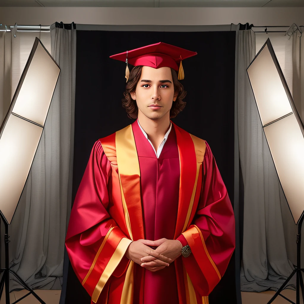 Arafed male in prom dress standing in front of a backdrop, Foto de formatura, foto de retrato de um pano de fundo, Retrato no meio da foto, foto de retrato detalhada, Directed by: Scott M. Fischer, wearing an academic gown, foto de retrato, Cabo de fotografia altamente detalhado, Directed by: Juan O'Gorman, mid portrait, color studio portrait, Directed by: Daniel Schultz, still photograph, award winning studio photo