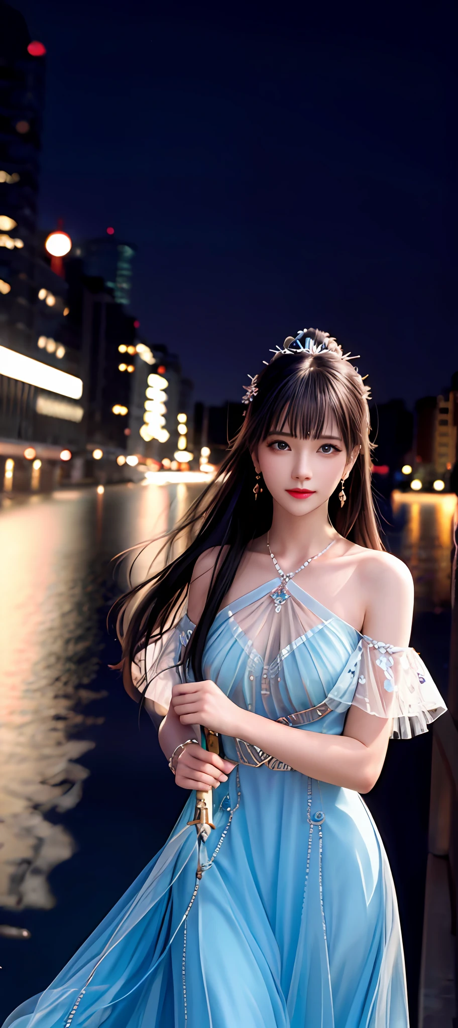 realisticity: 1.2), best quality, masterpiece, highres, cg, 1girl, weapon, sword, long hair, dress, water, solo, jewelry, blue dress, earrings, hair ornament, splashing, upper body super realistis, hair bun, blue and pink hair, city backgraun realistis, lighting,candid, Photograph, high resolution, 4k, 8k, Bokeh,