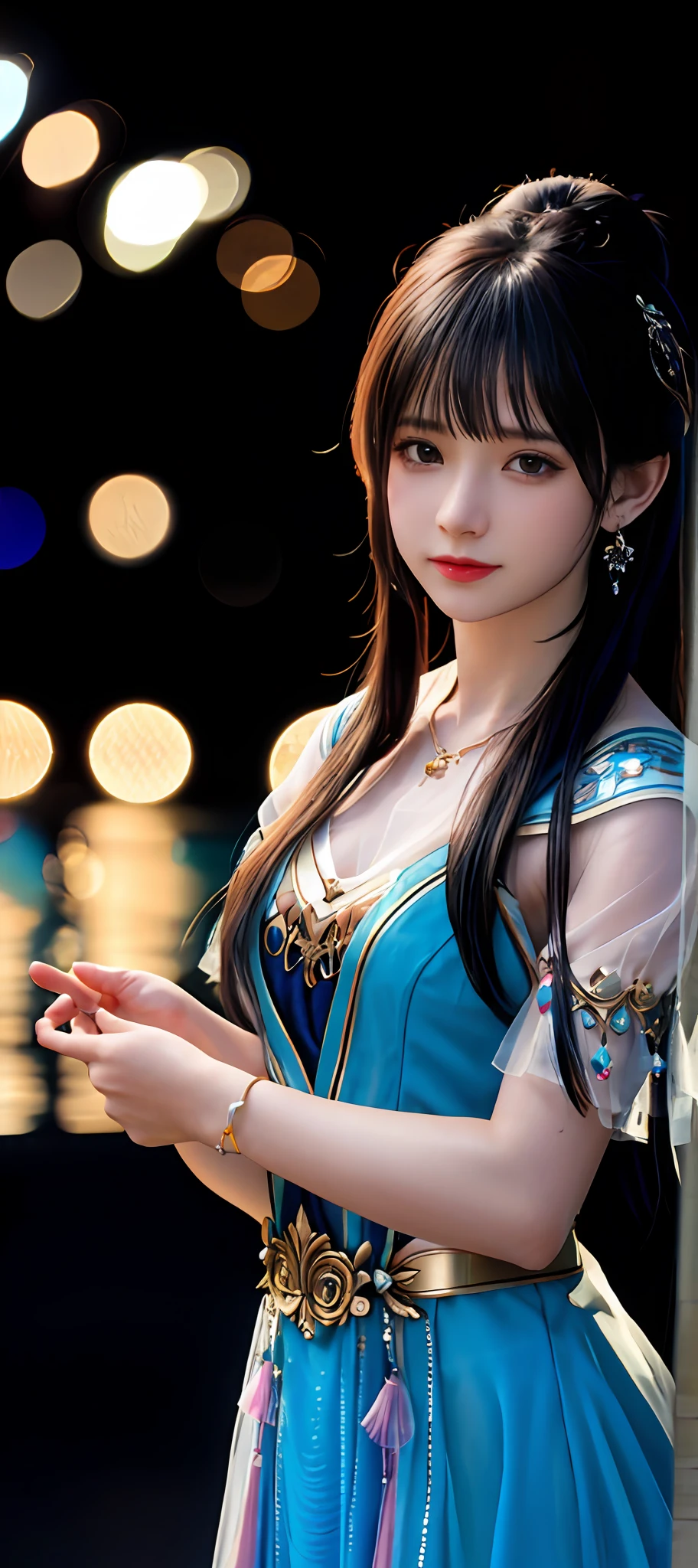 realisticity: 1.2), best quality, masterpiece, highres, cg, 1girl, weapon, sword, long hair, dress, water, solo, jewelry, blue dress, earrings, hair ornament, splashing, upper body super realistis, hair bun, blue and pink hair, city backgraun realistis, lighting,candid, Photograph, high resolution, 4k, 8k, Bokeh,