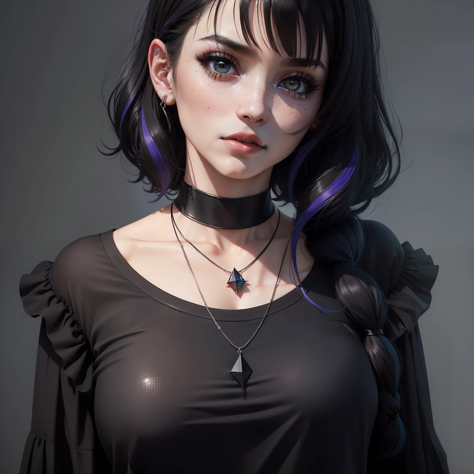 masterpiece, best quality, 3d rending work, 3DMM style, close-up, portrait, 3d, 1girl, solo, black, multicolored hair, blue hair, black hair, necklace, freckles, jewelry, two-tone hair, looking to the side, realistic, upper body, simple background, bangs, looking away, short hair, lips parted, black eyes, lips, gothic, choker, makeup, mole, black shirt, shirt, watermark
