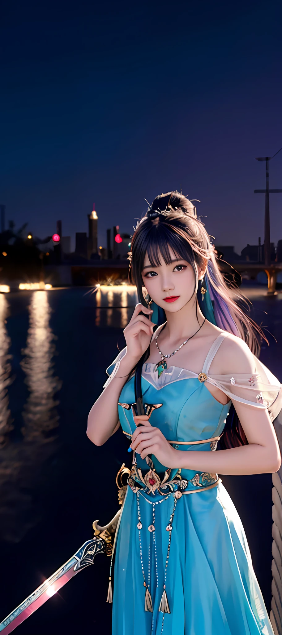 realisticity: 1.2), best quality, masterpiece, highres, cg, 1girl, weapon, sword, long hair, dress, water, solo, jewelry, blue dress, earrings, hair ornament, splashing, upper body super realistis, hair bun, blue and pink hair, city backgraun realistis, lighting,candid, Photograph, high resolution, 4k, 8k, Bokeh,