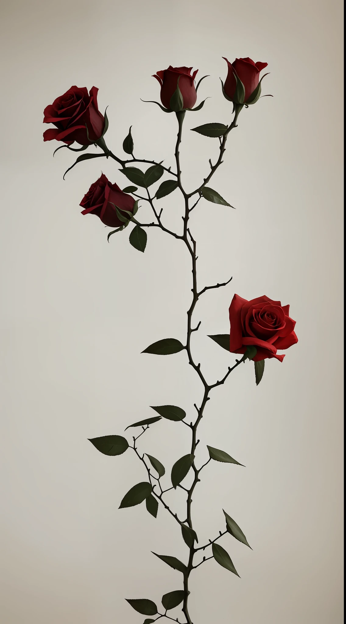 Roses bloom on knotty branches, gray background, simple background, light orange and light beige style, minimalist images, photographic installations, ancient core, green and crimson, surrealism, poetic intimacy