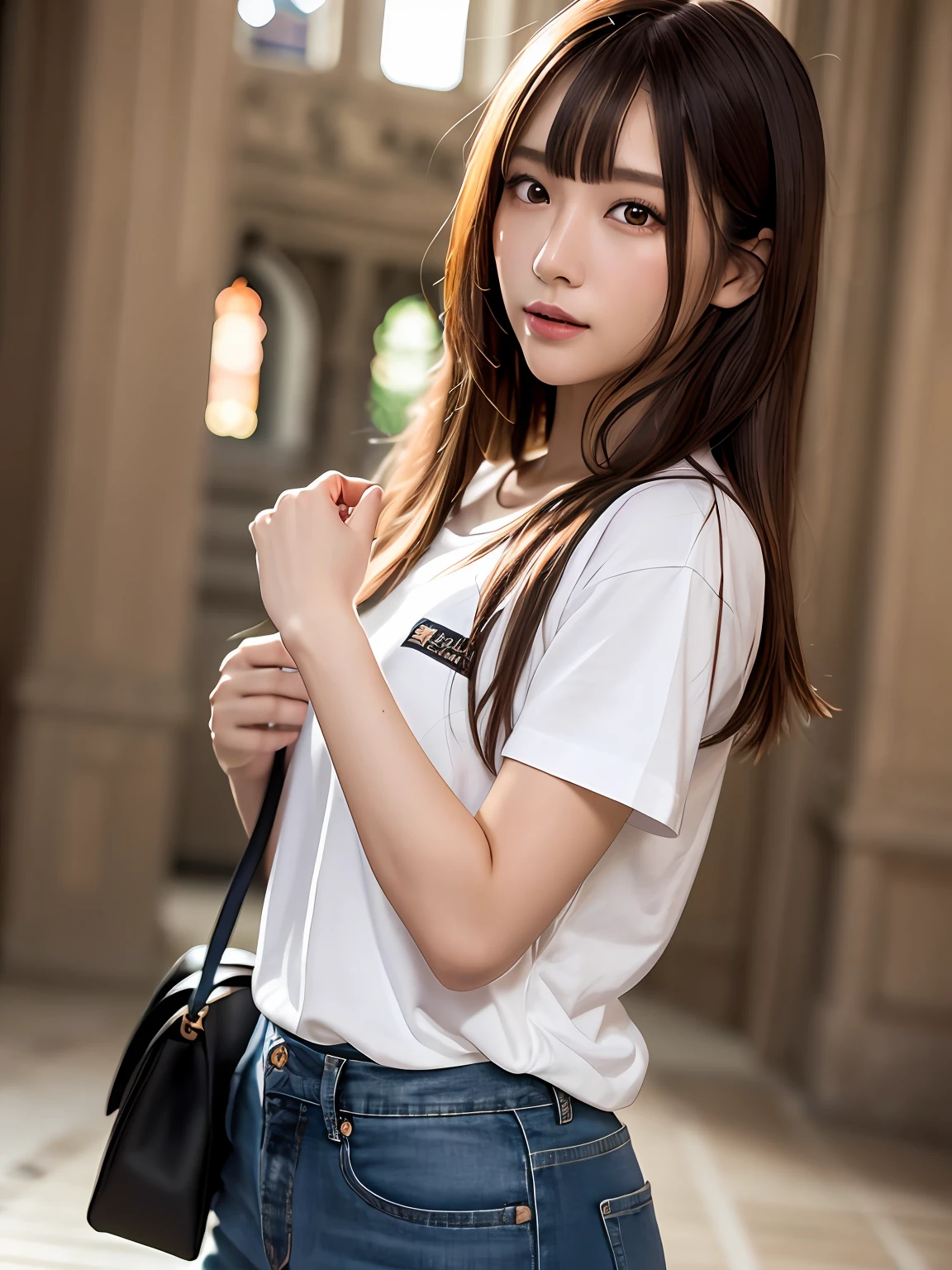 product quality, 1 girl per 1 photo, cowboy shot, front view, a Japanese young pretty girl, long bob hair, wearing a marriage ring, standing in a crowded large cathedral with a big smile, a shoulder bag, wearing a short sleeves black T-shirt with a graphic printed, wearing light brown medium length pants, hyper cute face, glossy lips, double eyelids for both eyes, natural makeup, shiny smooth light brown hair of long bob hair, asymmetrical bangs, tanned skin, central image, 8K resolution, high detail, detailed hairstyle, detailed face, cinematic lighting, octane rendering, hyper realistic, perfect limbs, perfect ???????