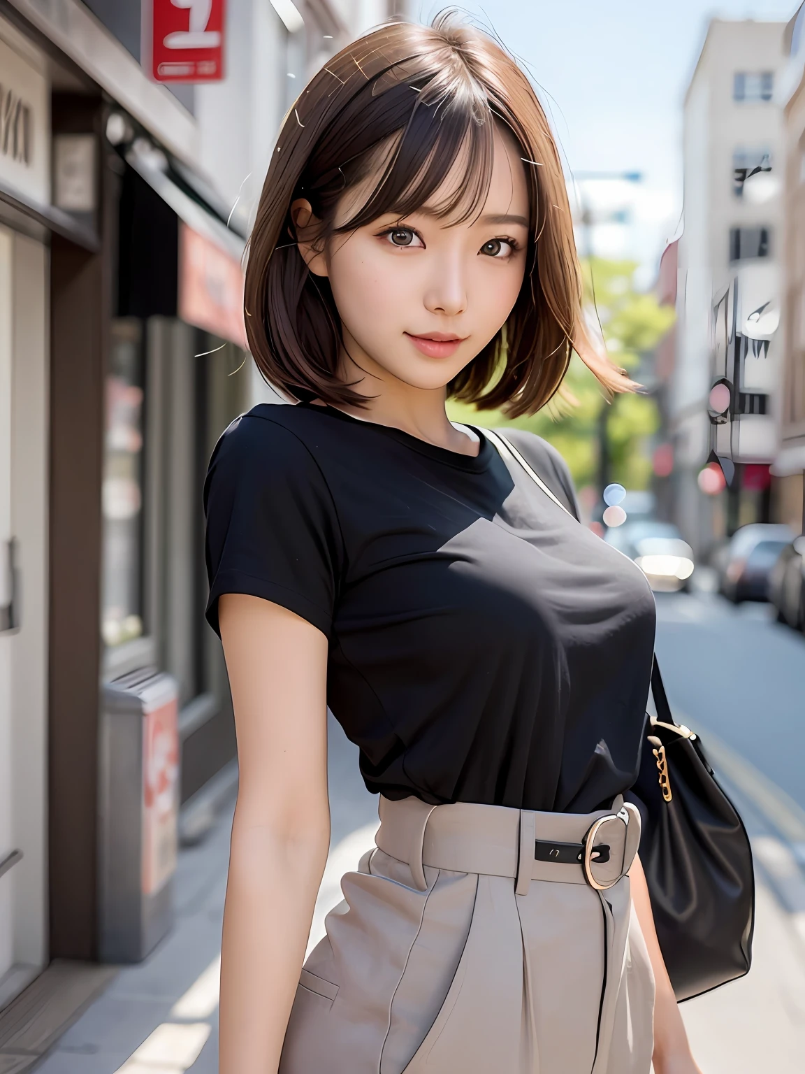 product quality, 1 girl per 1 photo, cowboy shot, front view, a Japanese young pretty girl, long bob hair, wearing a marriage ring, standing on a hill of suburban with a big smile, a shoulder bag, wearing a long length short sleeves black T-shirt with a graphic printed, wearing light brown medium length pants, cityscape of Londn in the background, hyper cute face, glossy lips, double eyelids for both eyes, natural makeup, shiny smooth light brown hair of long bob hair, asymmetrical bangs, tanned skin, central image, 8K resolution, high detail, detailed hairstyle, detailed face, cinematic lighting, octane rendering, hyper realistic, perfect limbs, perfect anatomy